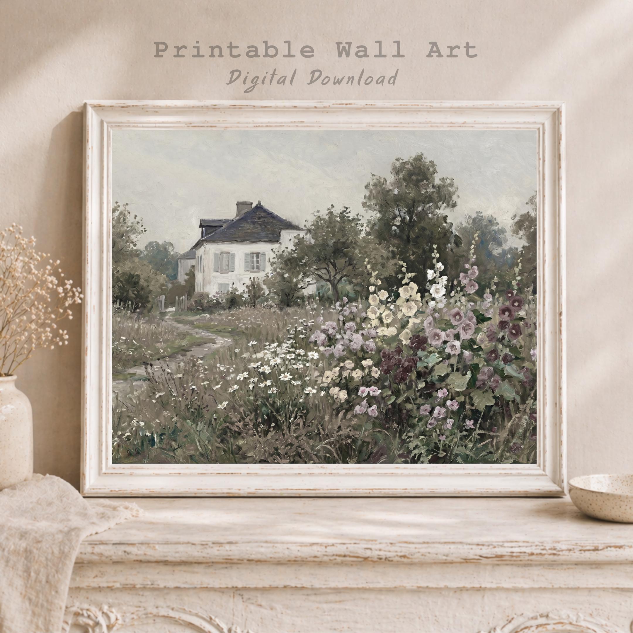 Vintage Cottage Garden Wall Art, Romantic Floral Landscape, French Country Decor Digital Download