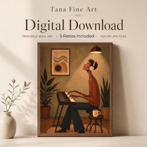 May include: Digital download printable wall art by Tana Fine Art featuring a person wearing headphones playing a keyboard in a room with two potted plants, a framed abstract print on the wall, and a small stool with a mug.