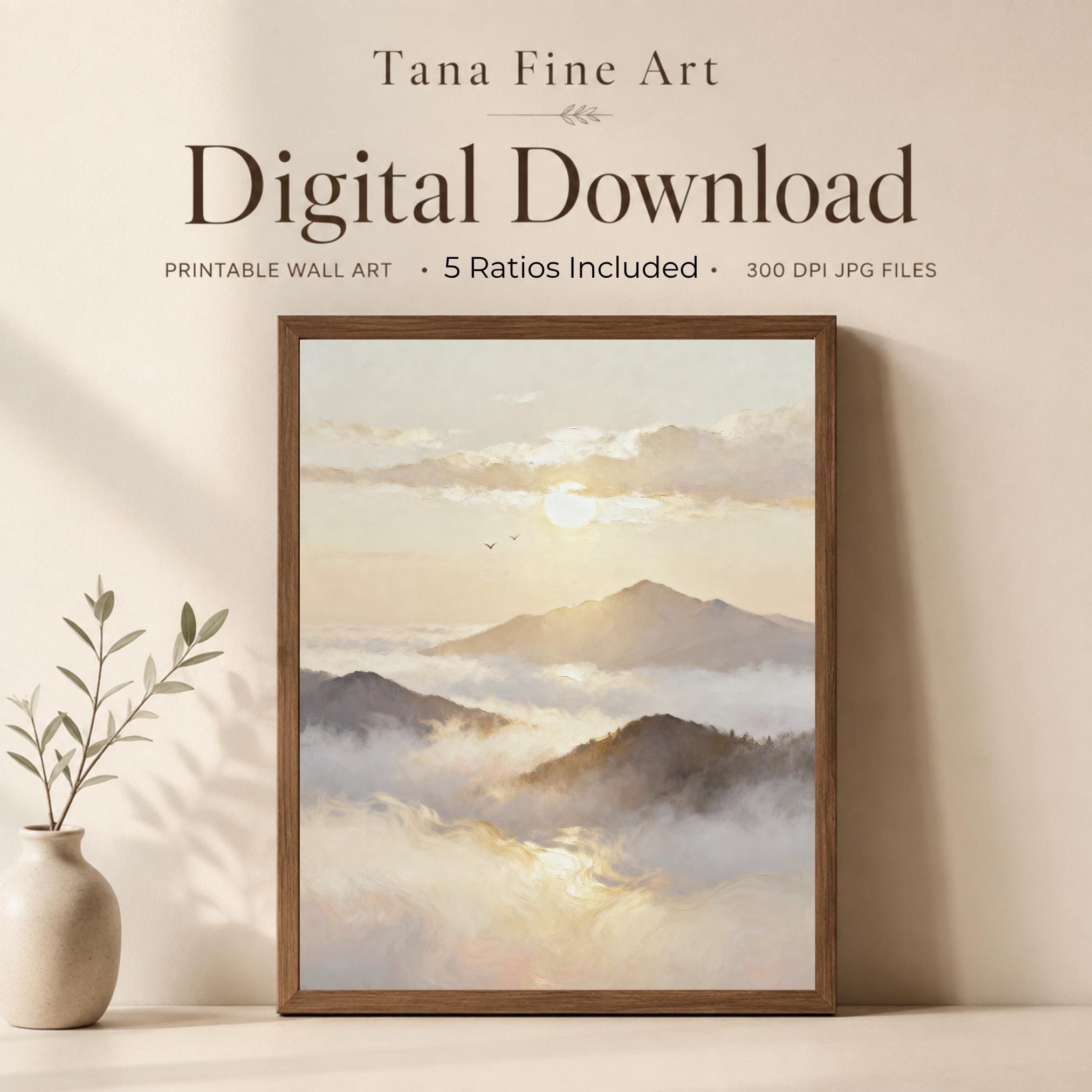 Sunset Mountain Printable Wall Art, Neutral Misty Landscape Painting, Serene Bedroom Decor Digital Download