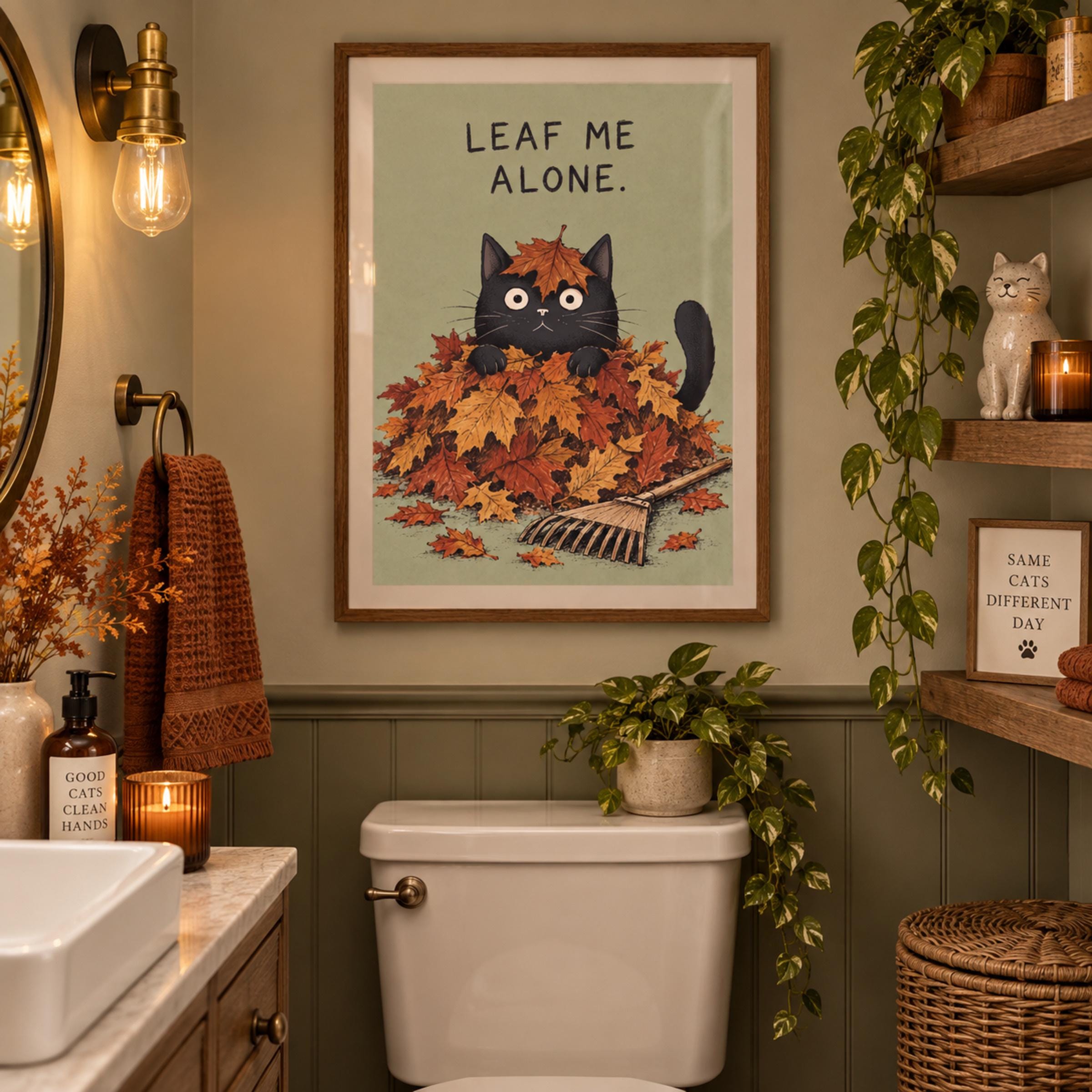 Funny Black Cat Leaves Printable Wall Art, Fall Autumn Quote Kitchen Decor Digital Download — image 3