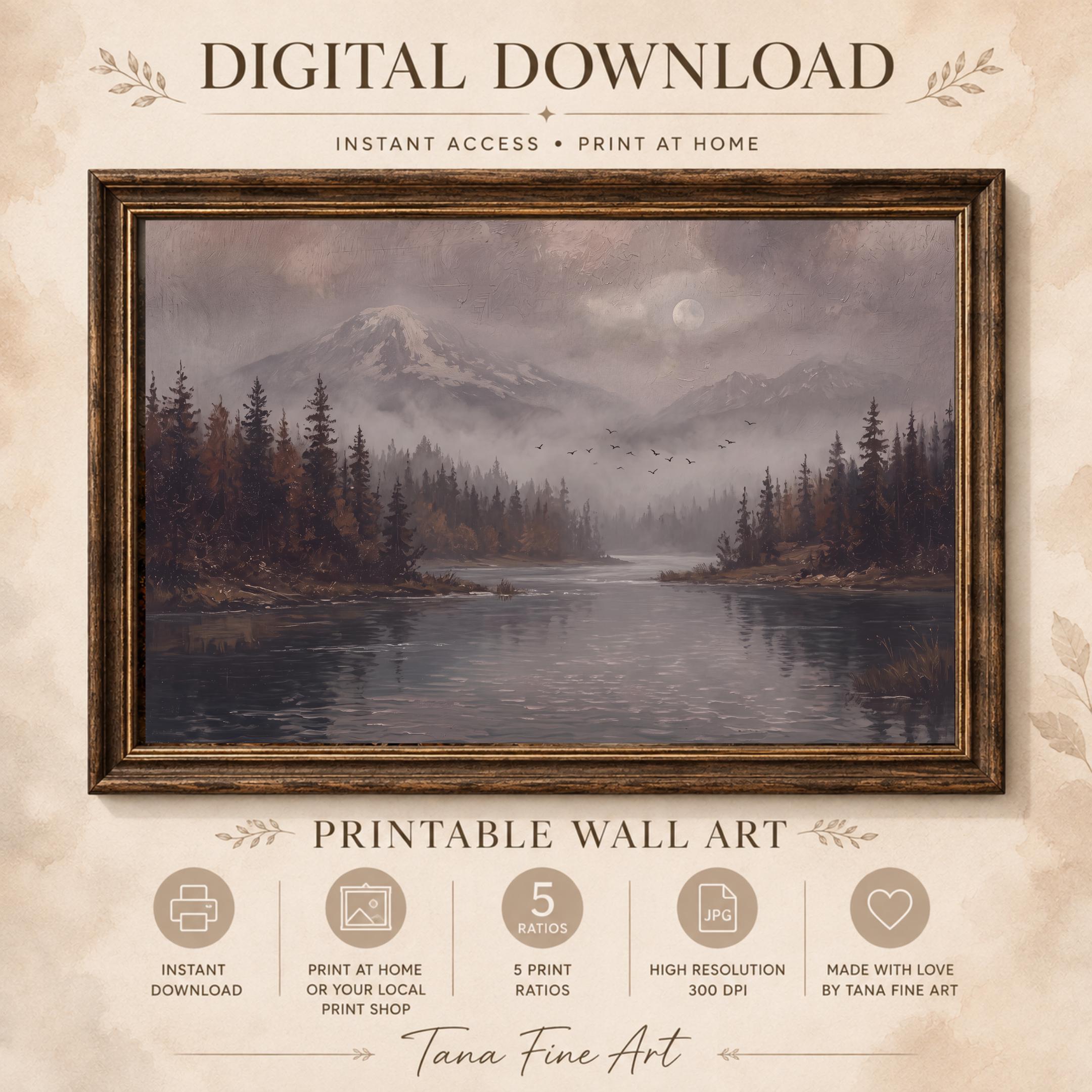 Moody Autumn River Printable Wall Art, Vintage Mountain Forest Landscape, Dark Academia Digital Download — image 7