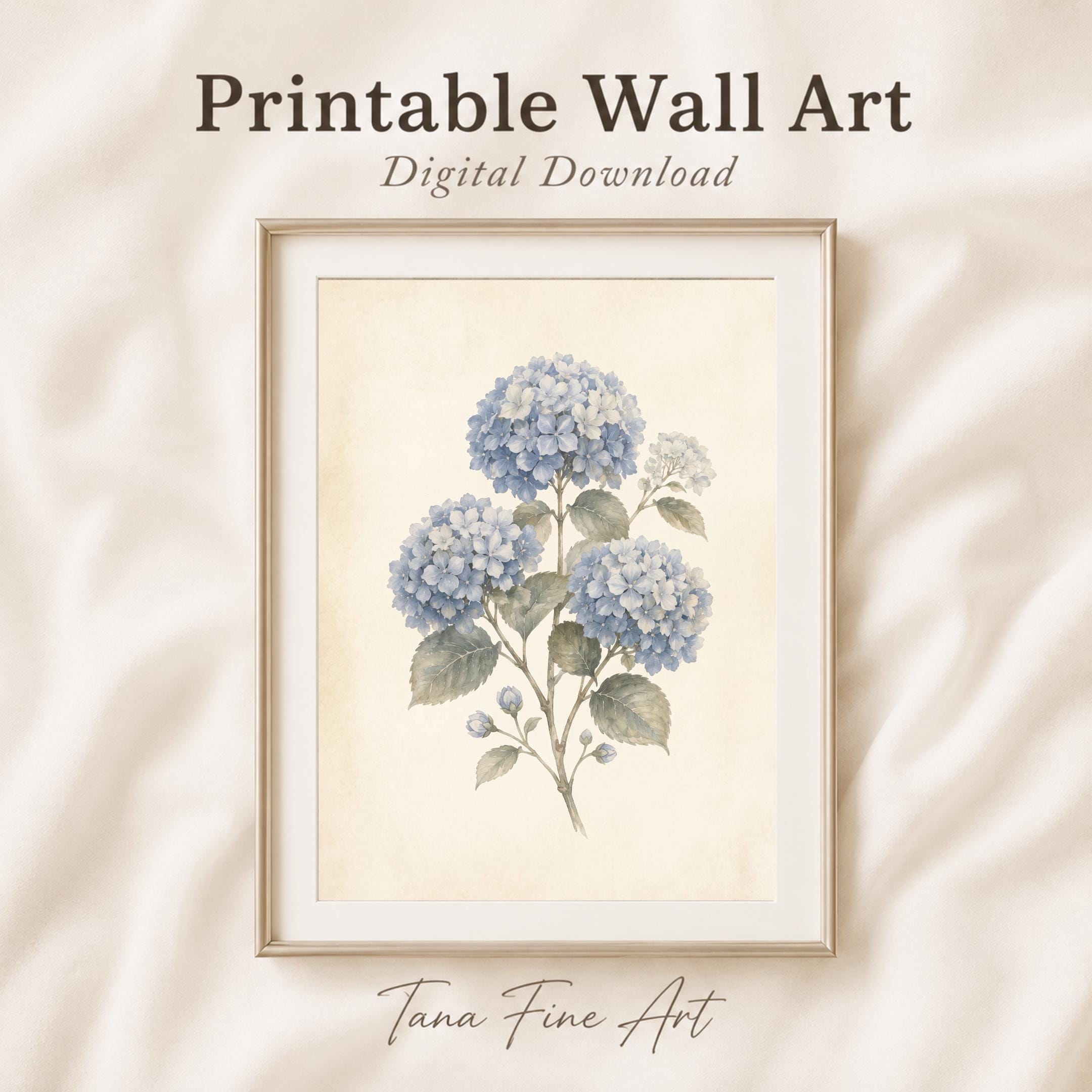 Blue Hydrangea Print, Vintage Botanical Prints, Watercolor Floral Wall Art, Cottage Decor (Digital Download) — image 3