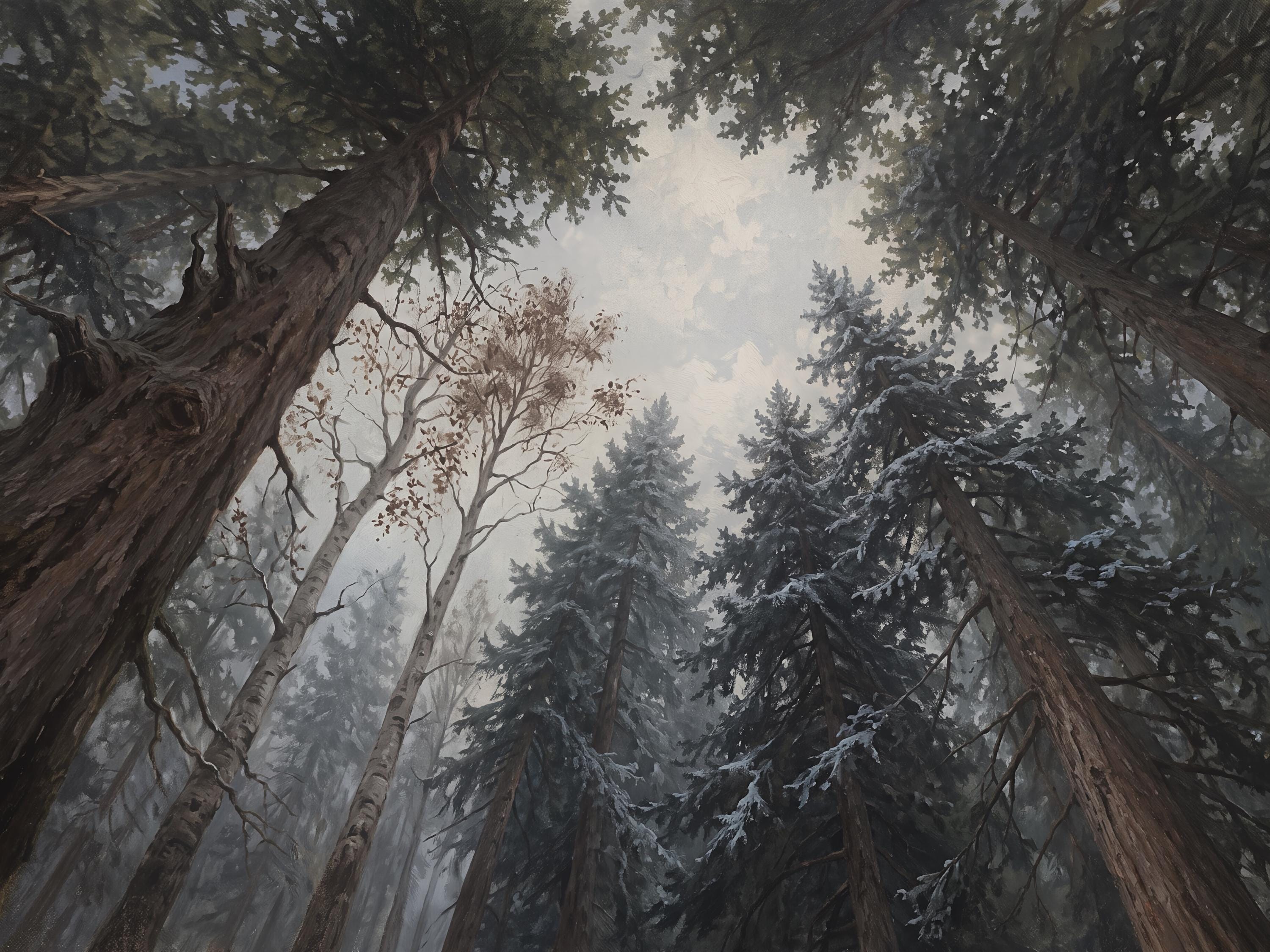 Snowy Pine Forest Canopy Wall Art, Moody Woodland Landscape, Rustic Cabin Decor Digital Download — image 4