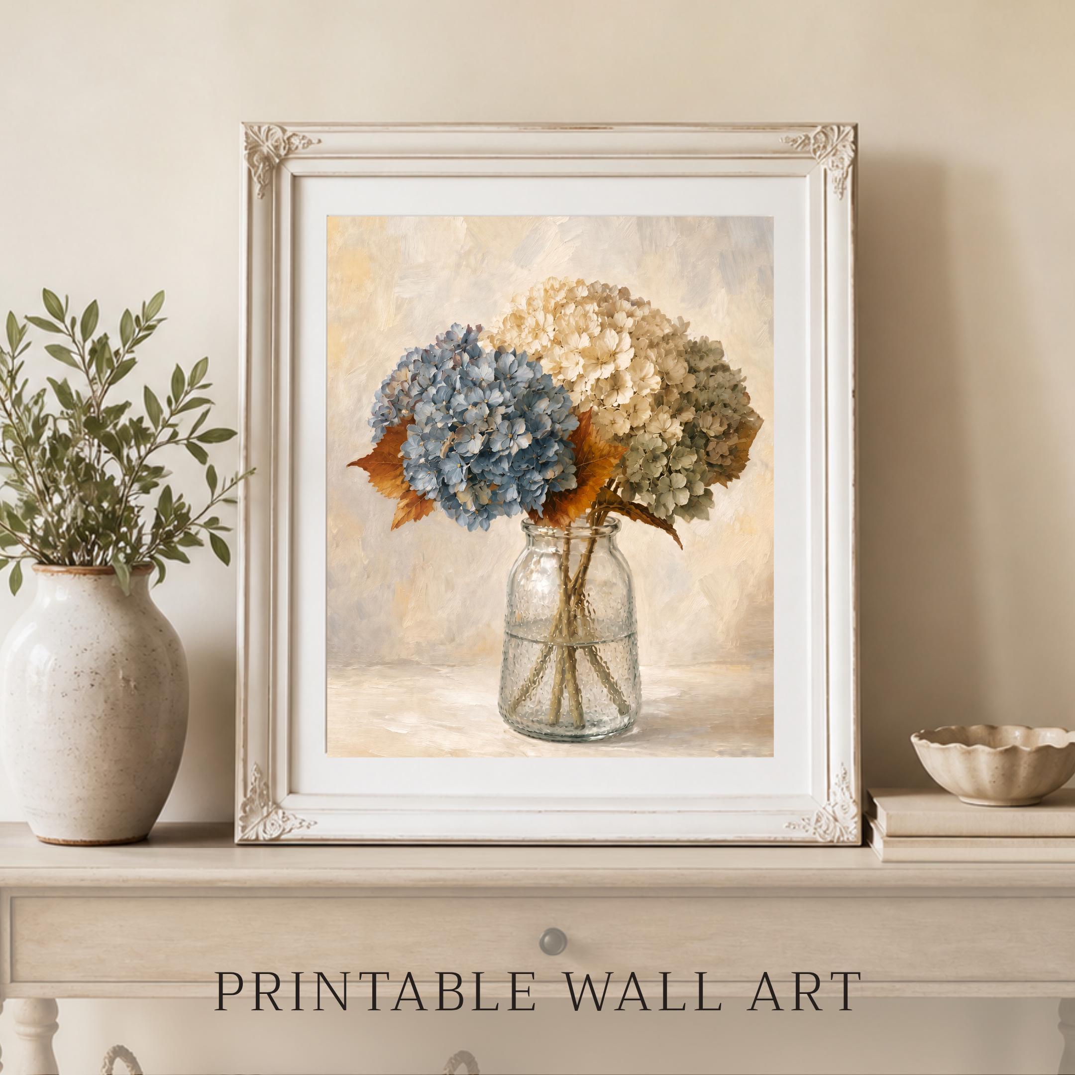 Blue and Cream Floral Glass Vase, Fall Hydrangea Art, Cozy Autumn Decor (Digital Download) — image 10