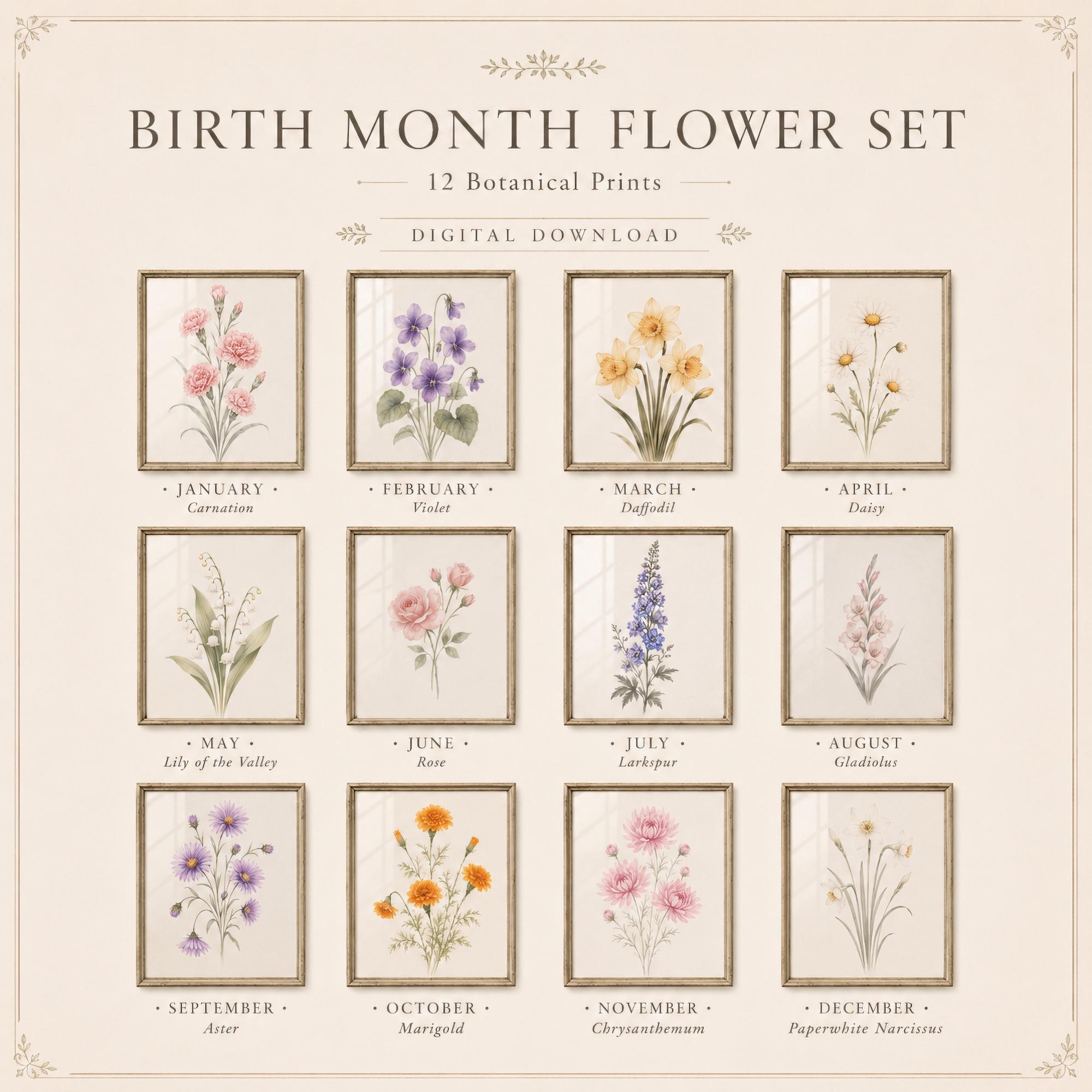 Birth Month Flower Set of 12 Prints | Minimal Botanical Printable Wall Art Digital Download — image 4