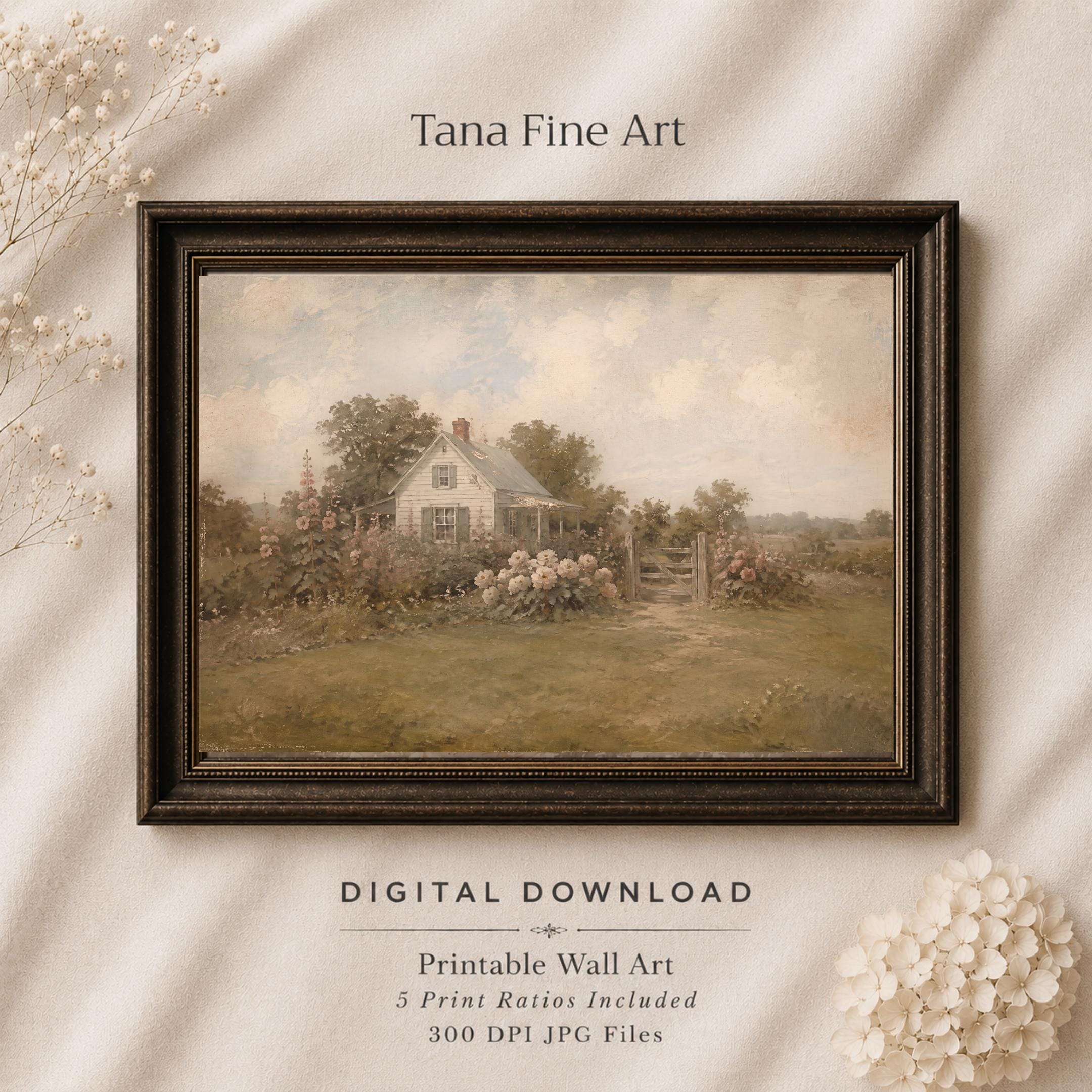 Vintage American Cottage Garden Printable Wall Art, Rustic Farmhouse Floral Landscape, Digital Download
