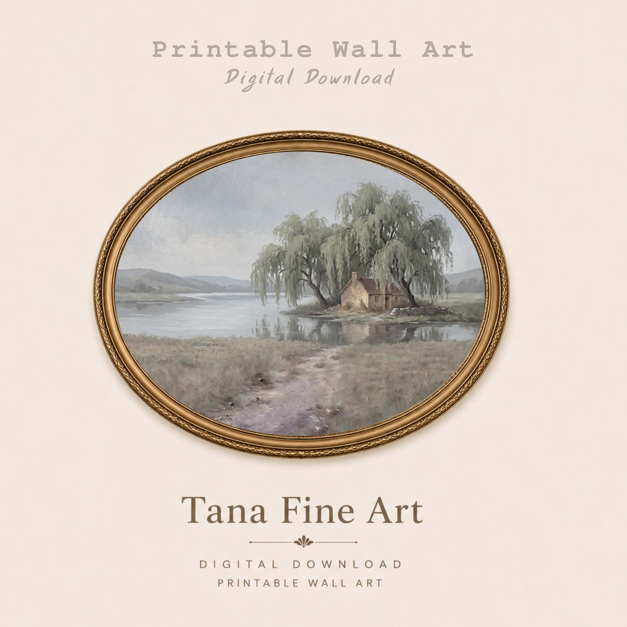 Cottage Lake Landscape Wall Art, Rustic Willow Tree Farmhouse Print (Digital Download)