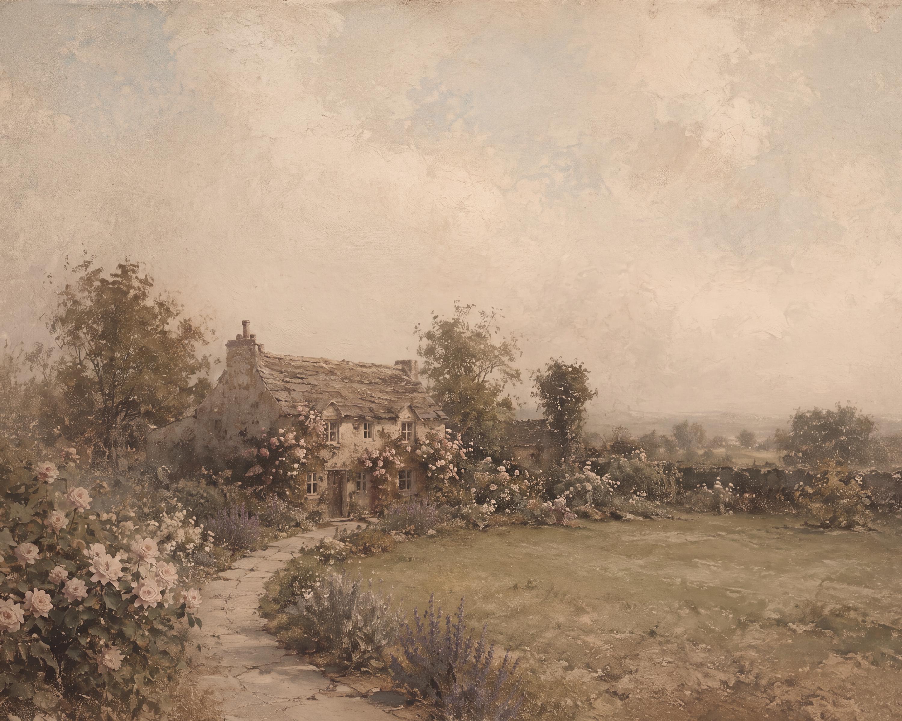 Vintage Rose Cottage Garden Printable Wall Art, English Country Floral Landscape, Romantic Home Decor — image 3