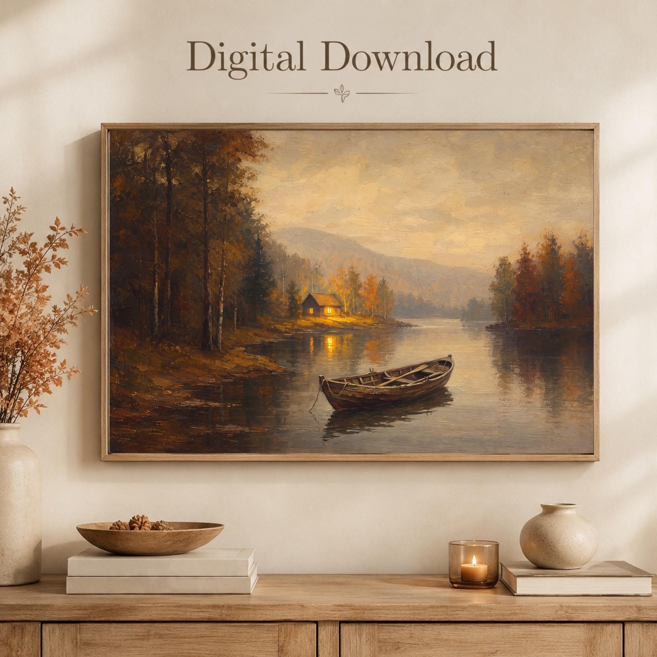 Fall Lake House Wall Art | Moody Vintage Boat Landscape Print | Rustic Printable Digital Download