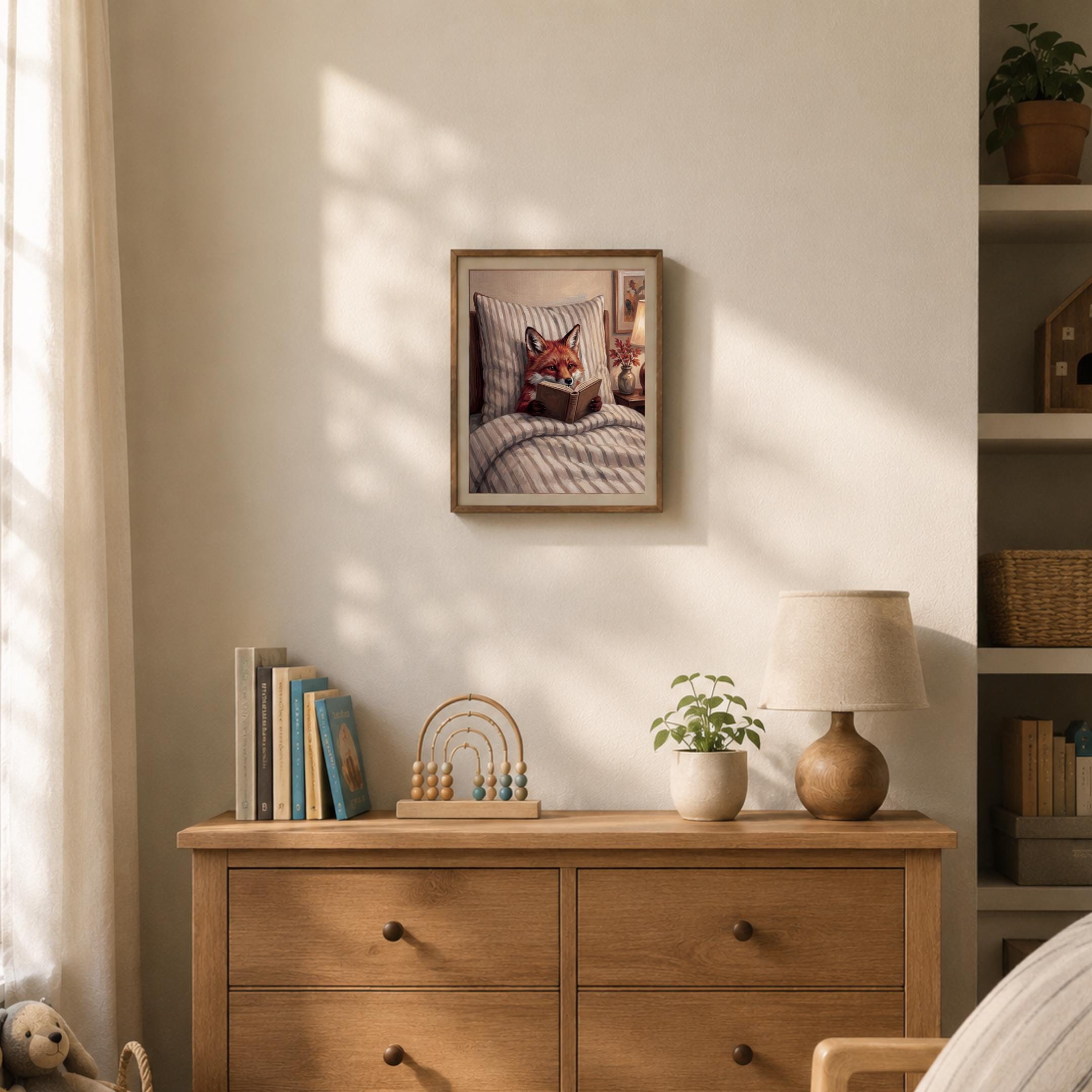 Fox Woodland Nursery Art, Fox Reading in Bed, Cozy, Kids Room Digital Download — image 3