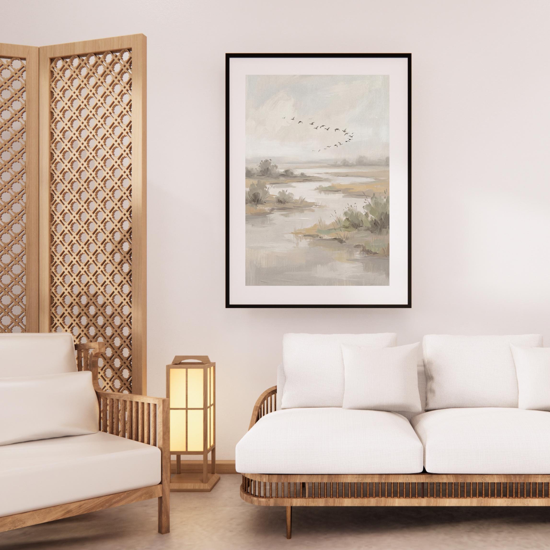 Countryside Lake Painting Printable | Flying Birds Marsh Landscape Print (Digital Download) — image 4