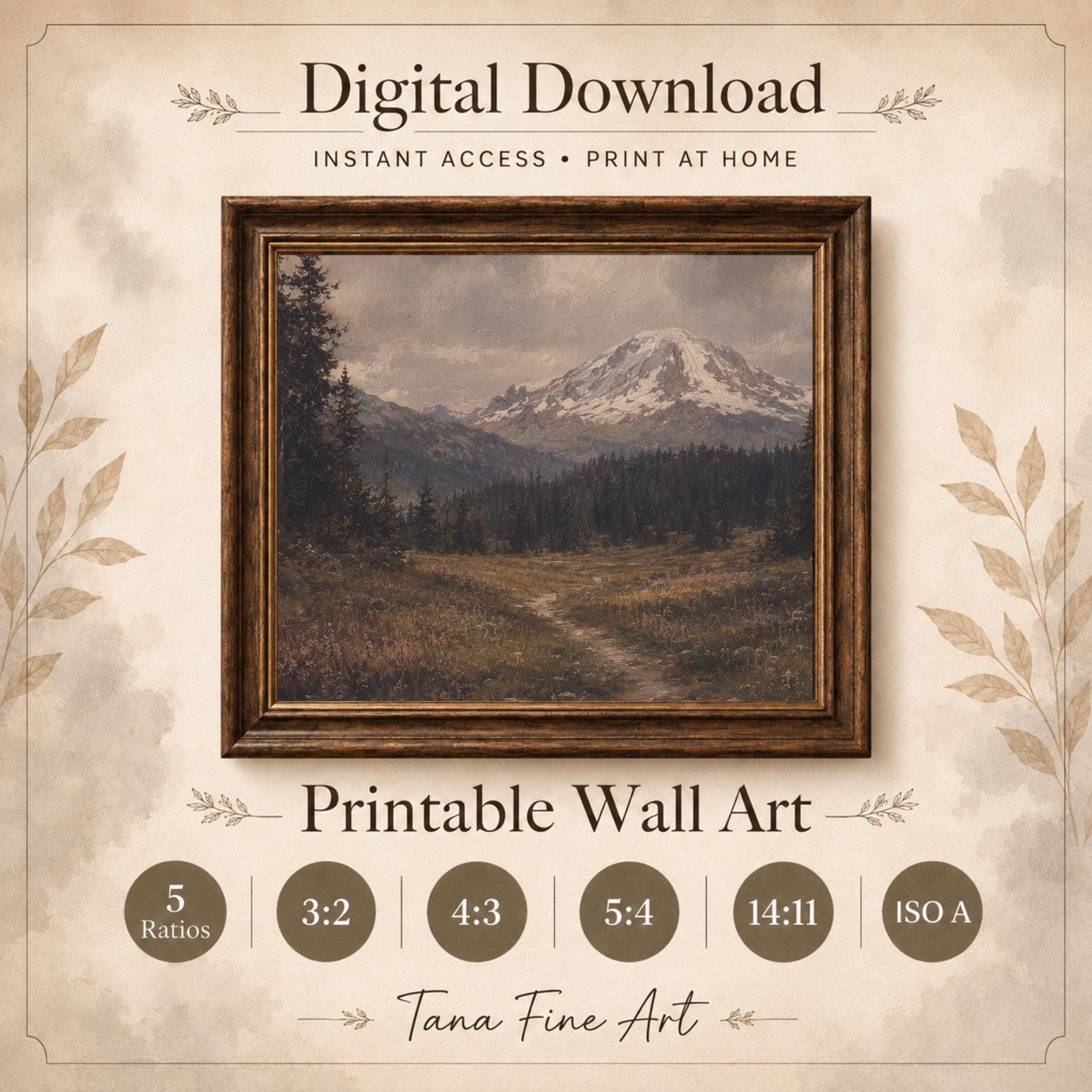 Mountain Landscape Wall Art | Mount Rainier Inspired Print | Moody Vintage Nature Digital Download — image 8