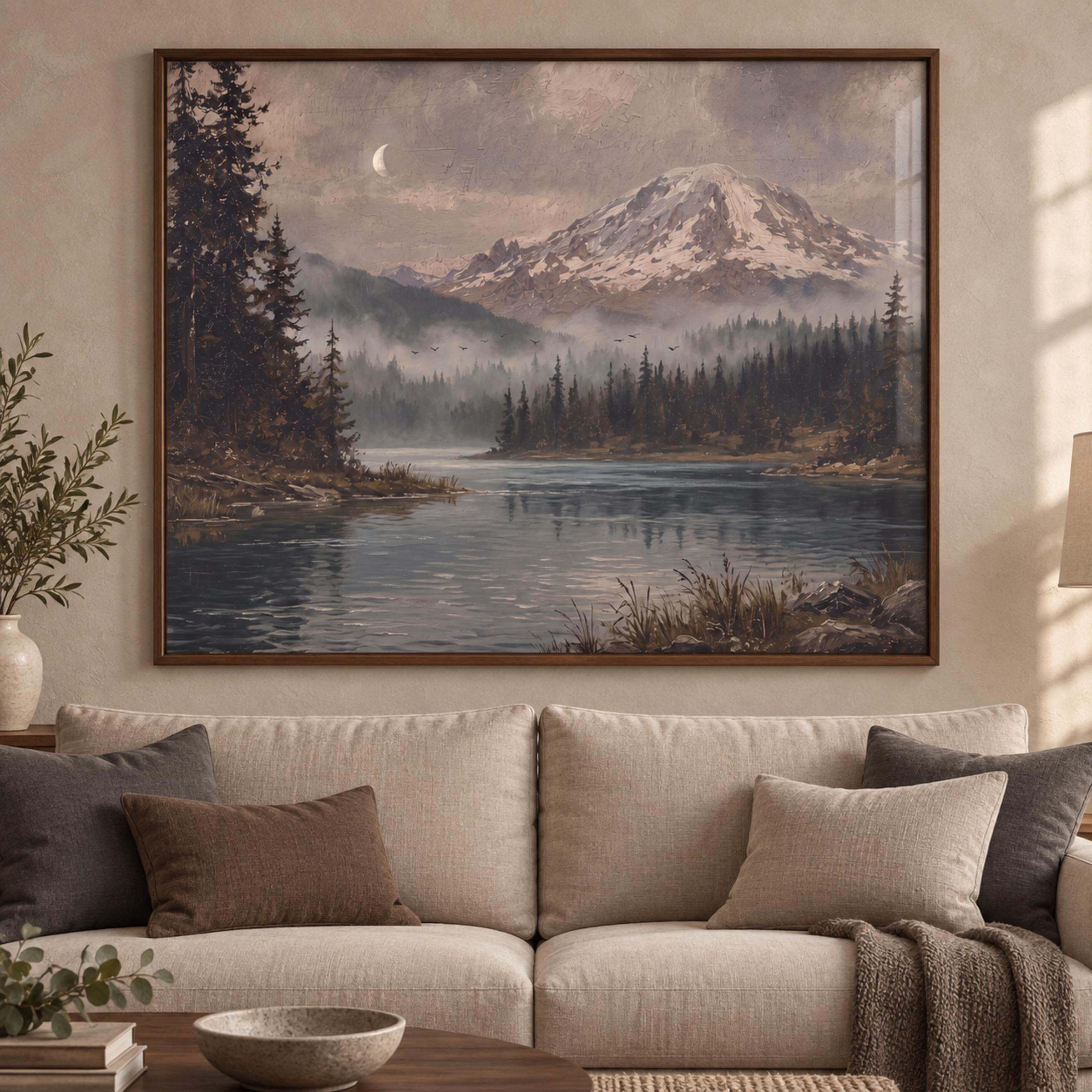 Moody Mountain River Printable Wall Art, Vintage Forest Landscape, Crescent Moon, Rustic Digital Download — image 5