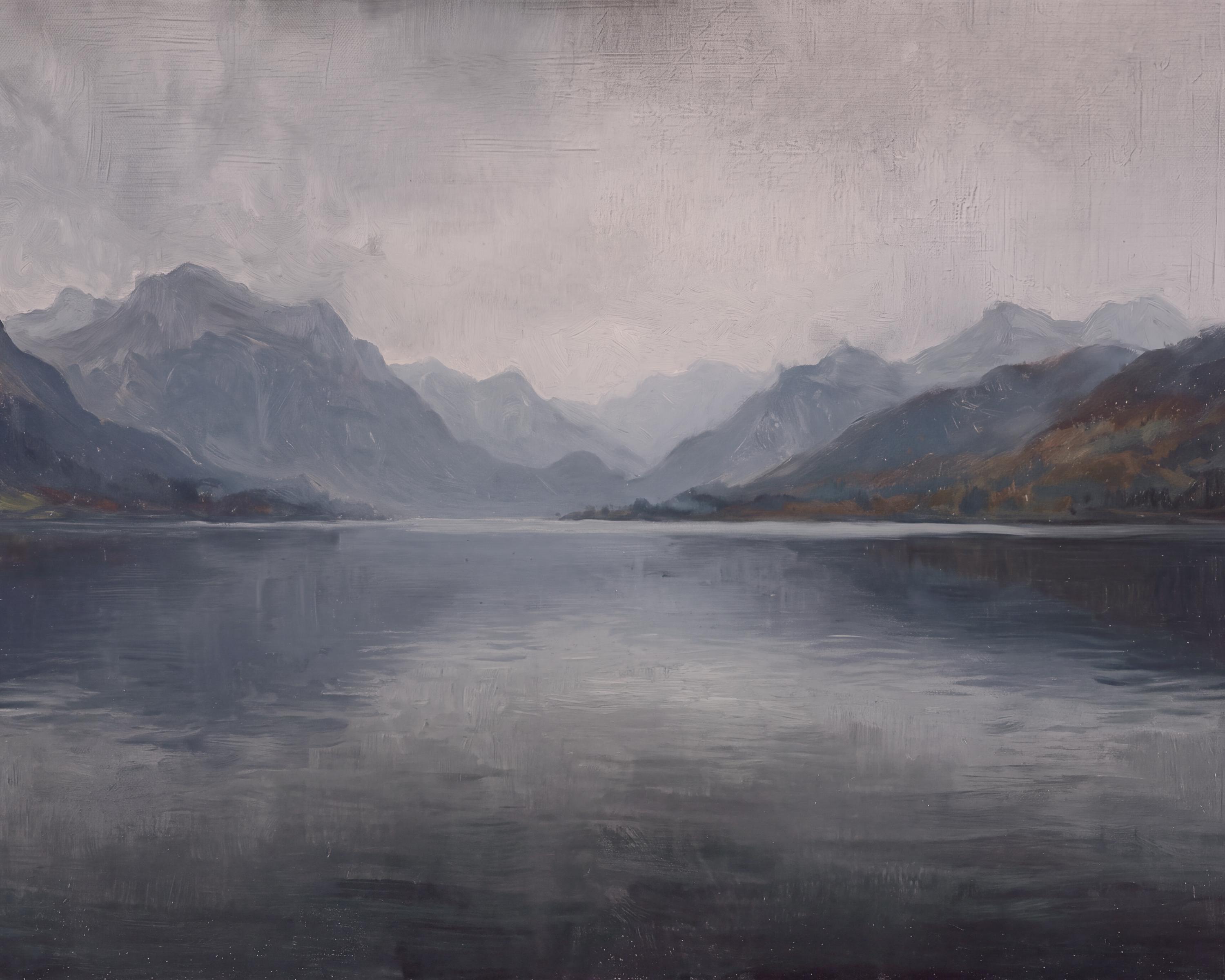 Misty Mountain Lake Wall Art, Vintage Alpine Landscape, Moody Blue Gray Decor, Digital Download — image 2