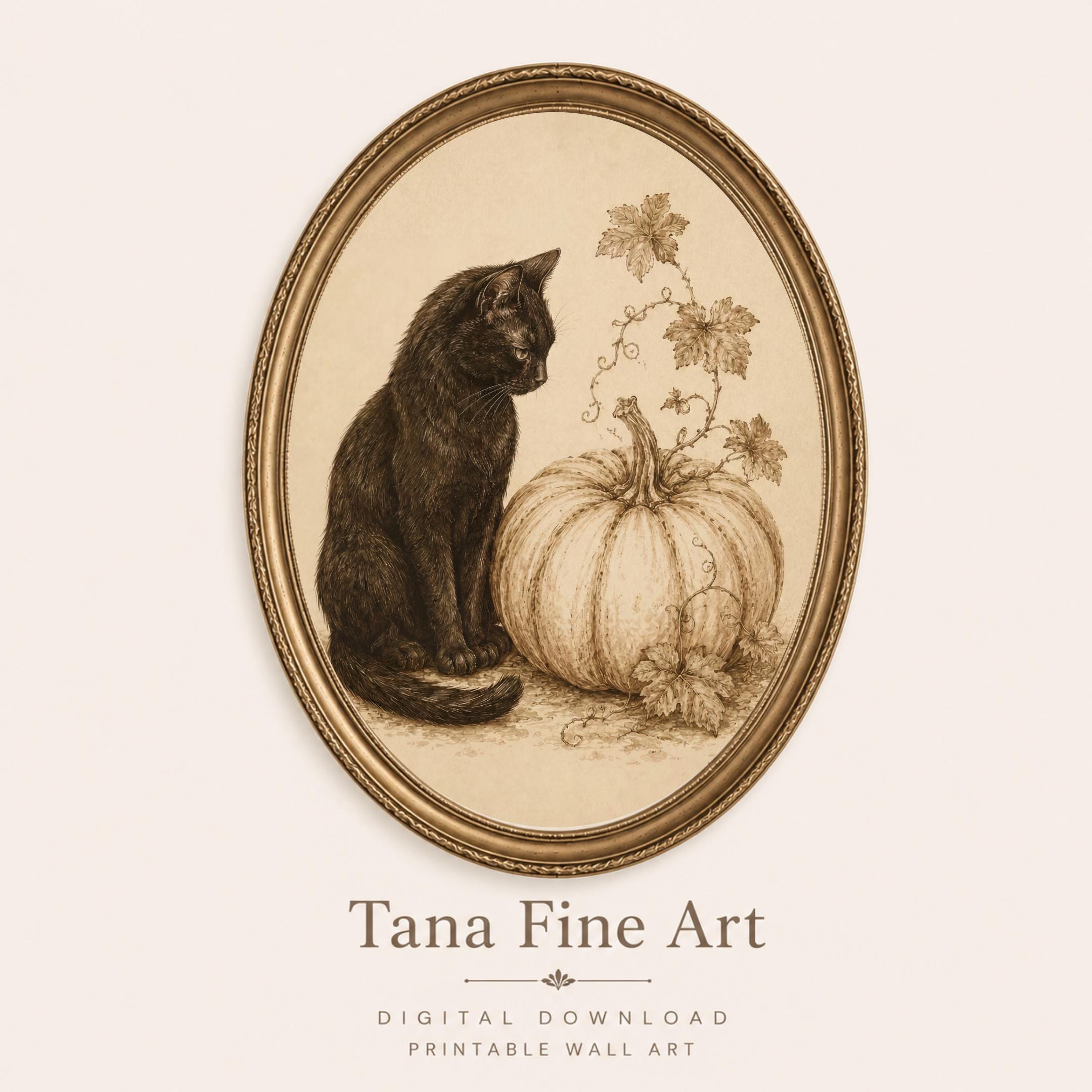 Halloween Black Cat, White Pumpkin Art, Vintage Fall Botanical, Rustic October Halloween Digital Download — image 3