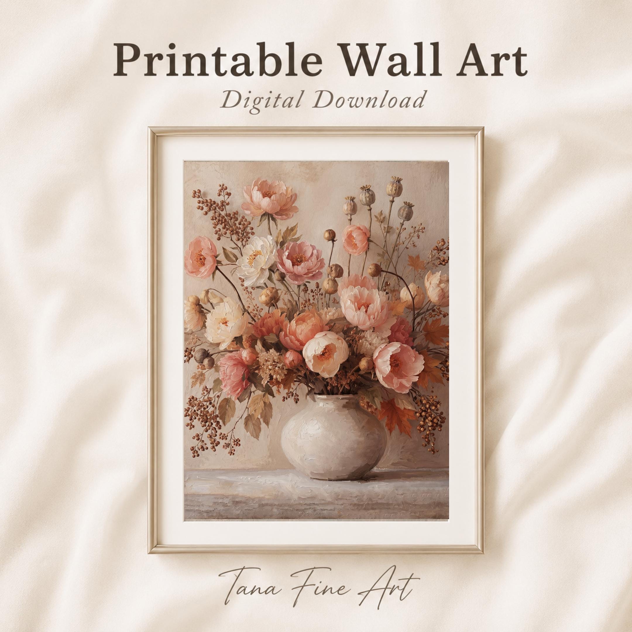Blush Peony Vase Printable Wall Art, Autumn Floral Rustic Cottage Home Decor Digital Download