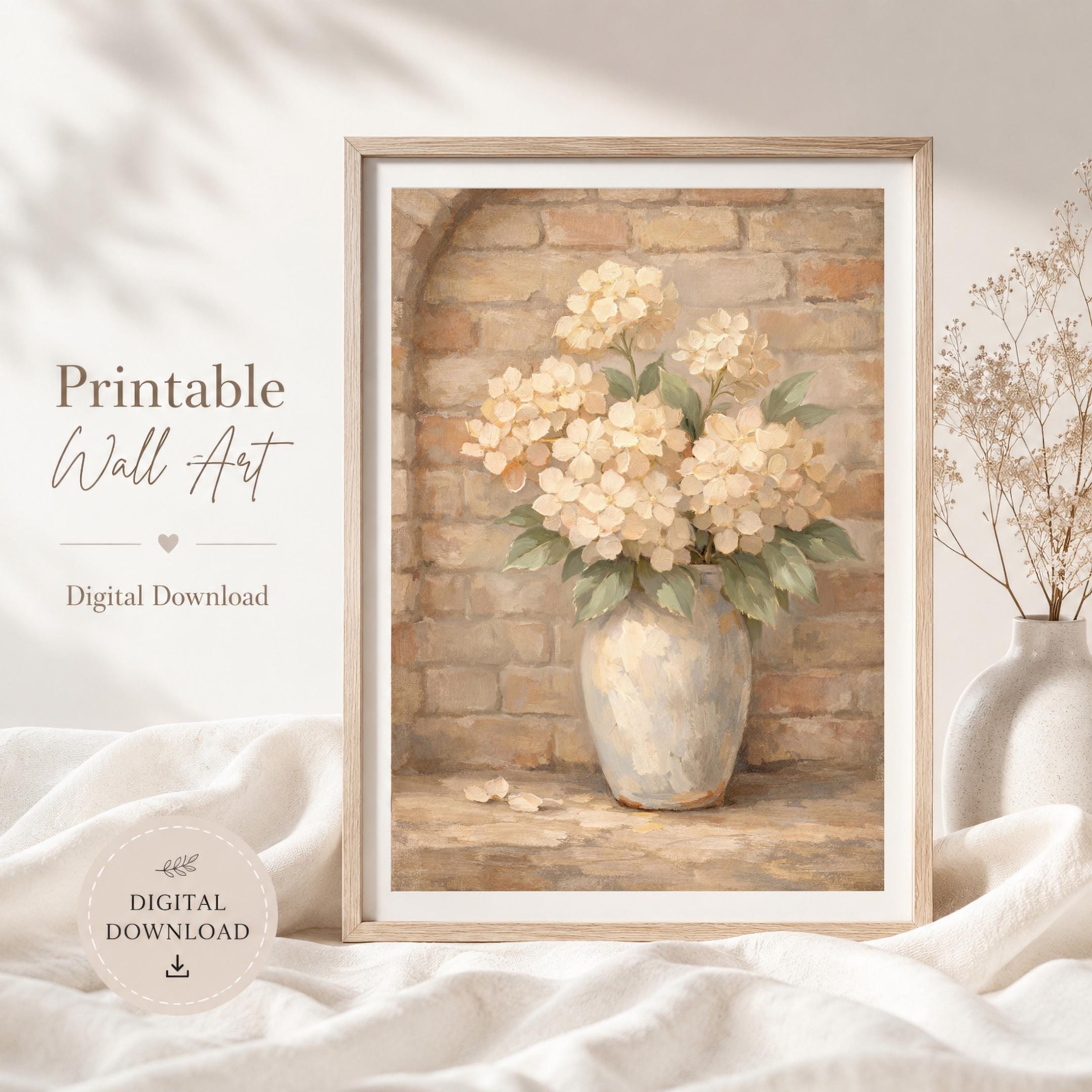 Hydrangea Vase Painting, Neutral Farmhouse Floral Decor, Rustic Brick Botanical Print (Digital Download) — image 4
