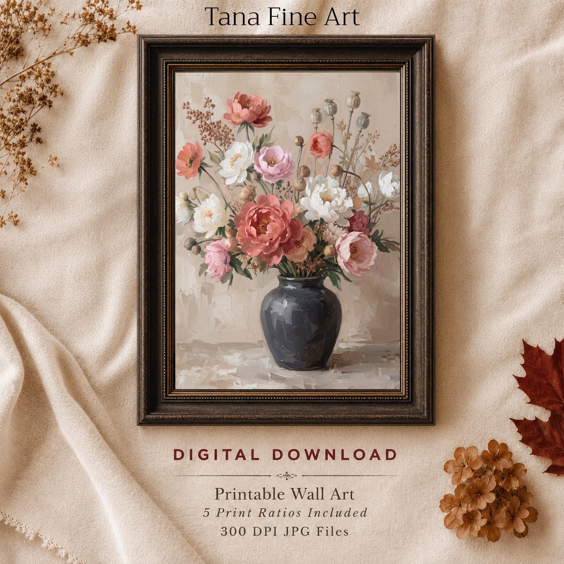 Pink Peony Vase Painting Printable Floral Wall Art, Romantic Cottage Home Decor Digital Download