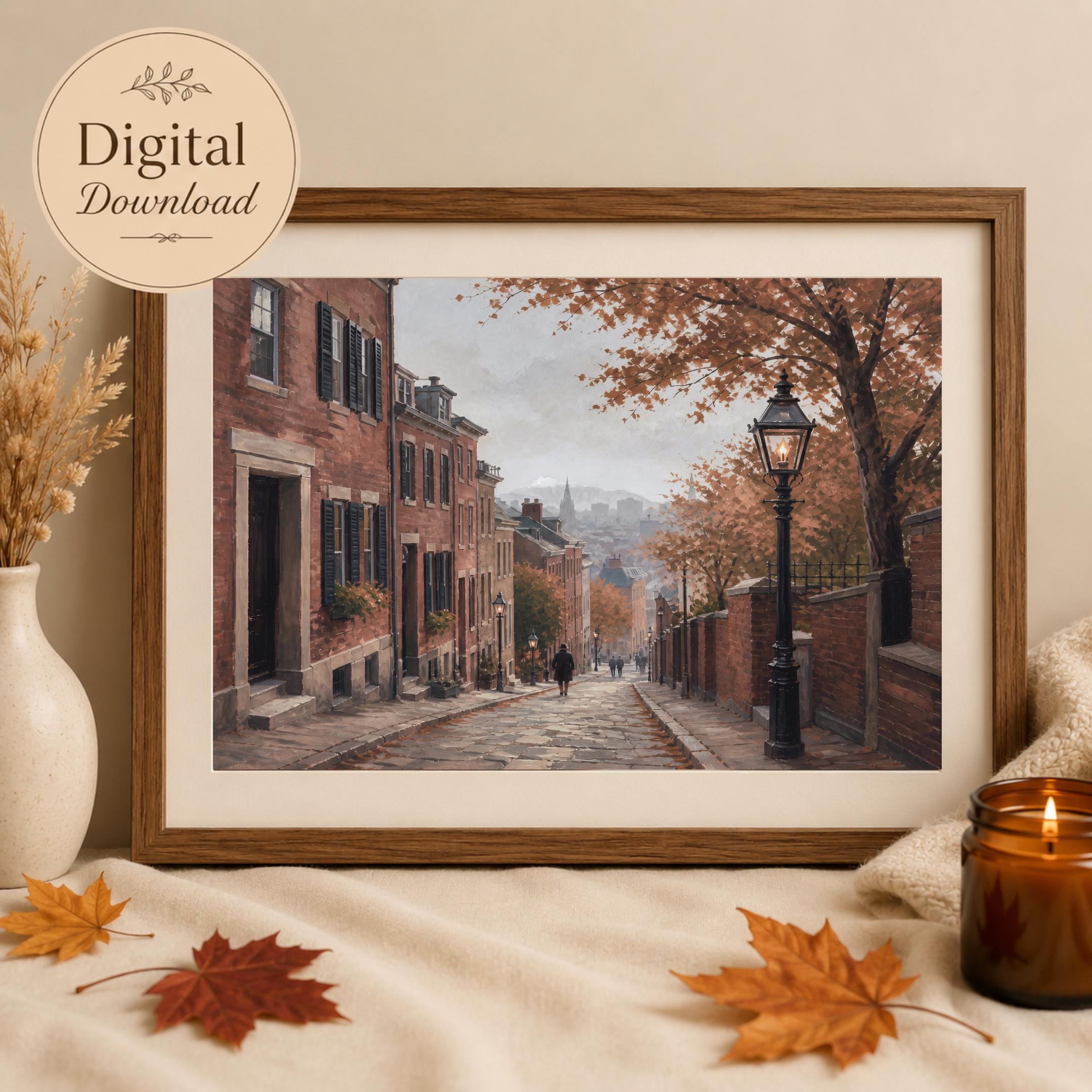 Vintage Autumn City Wall Art, Cobblestone Street, Cozy Fall Urban Home Decor, Digital Download — image 8