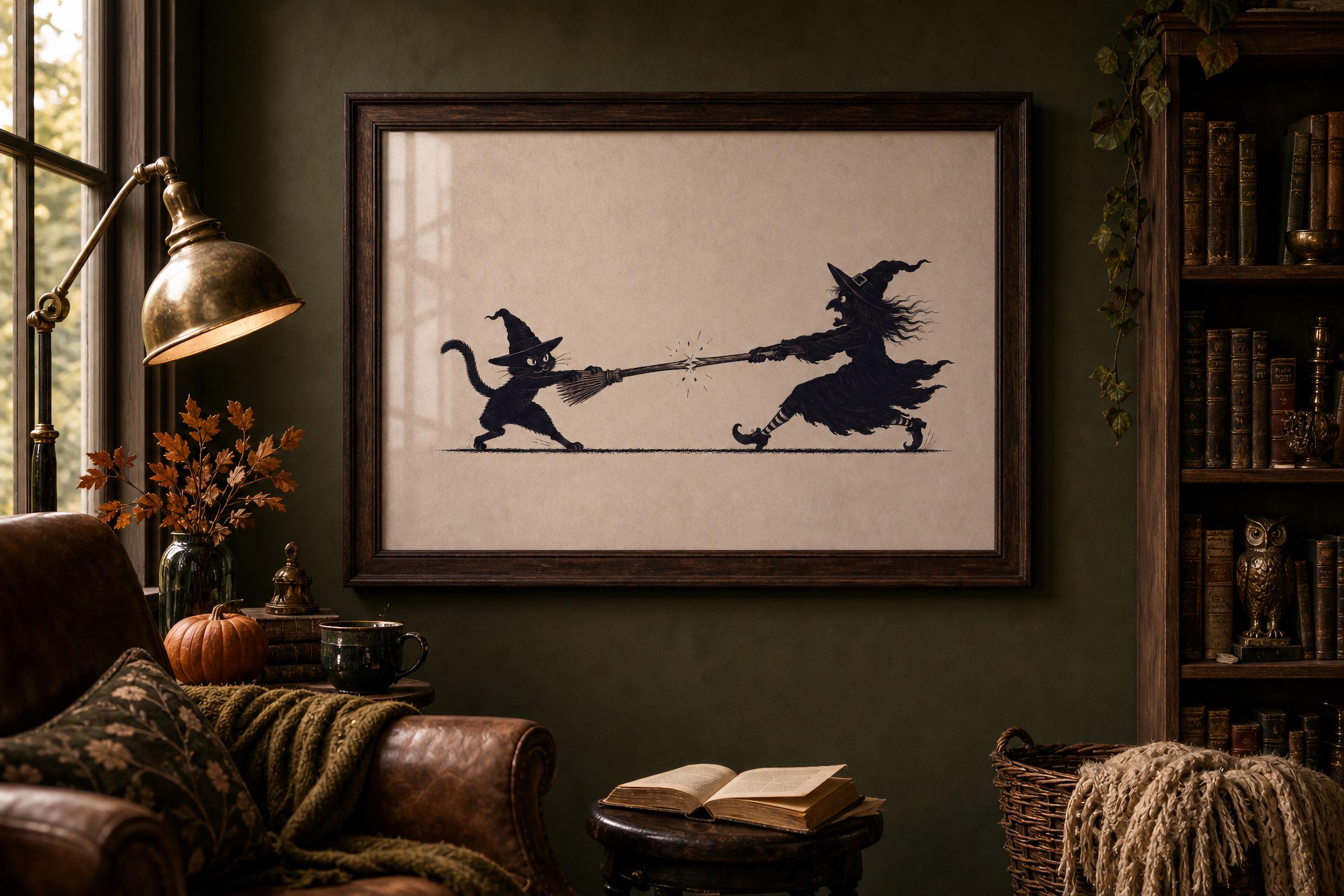 Funny Halloween Silhouette Wall Art, Black Cat Witch Printable, Vintage Witchy Decor, Digital Download — image 3