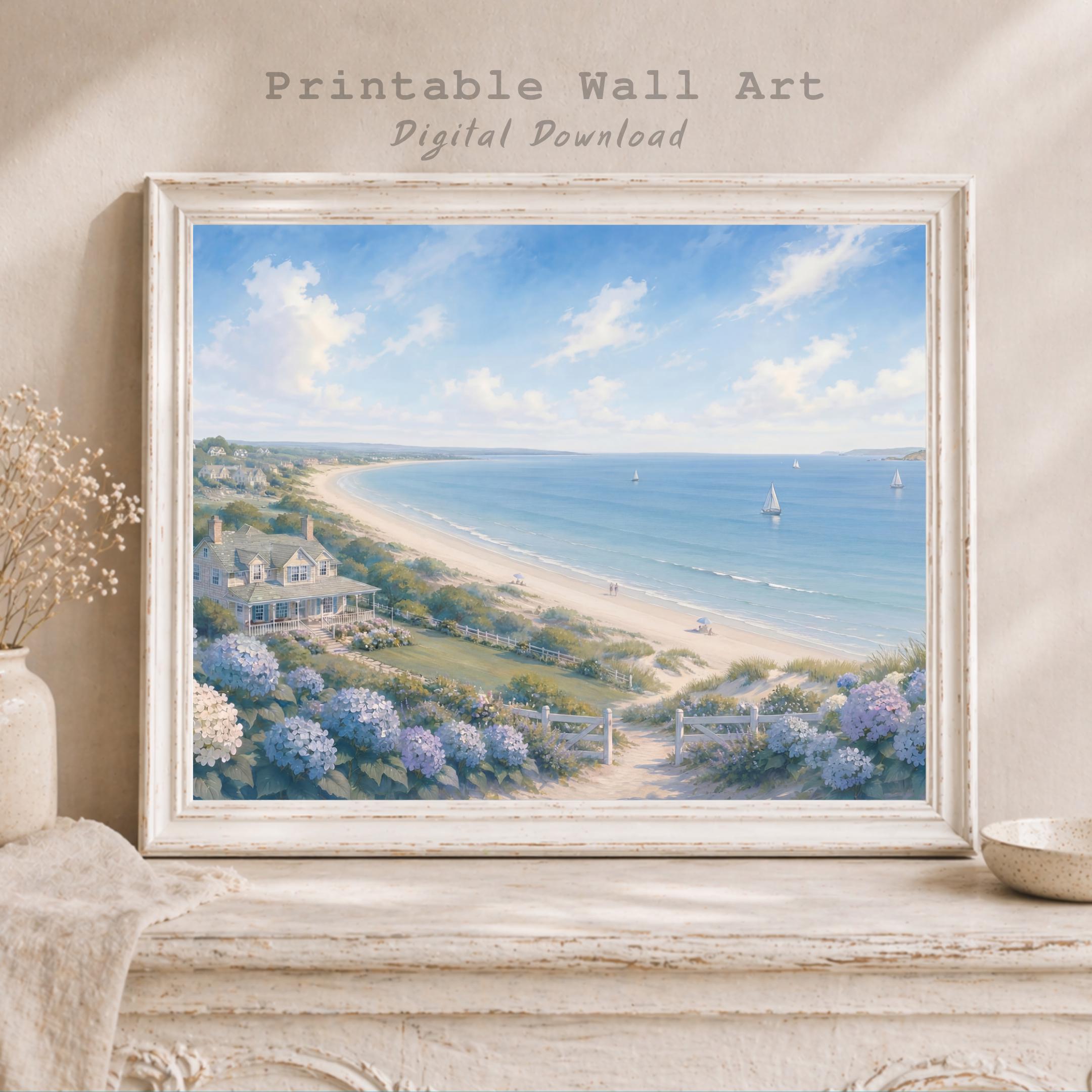 Coastal Hydrangea Beach Printable Wall Art, Sailboat Seaside Cottage Summer Home Decor Digital Download — image 6