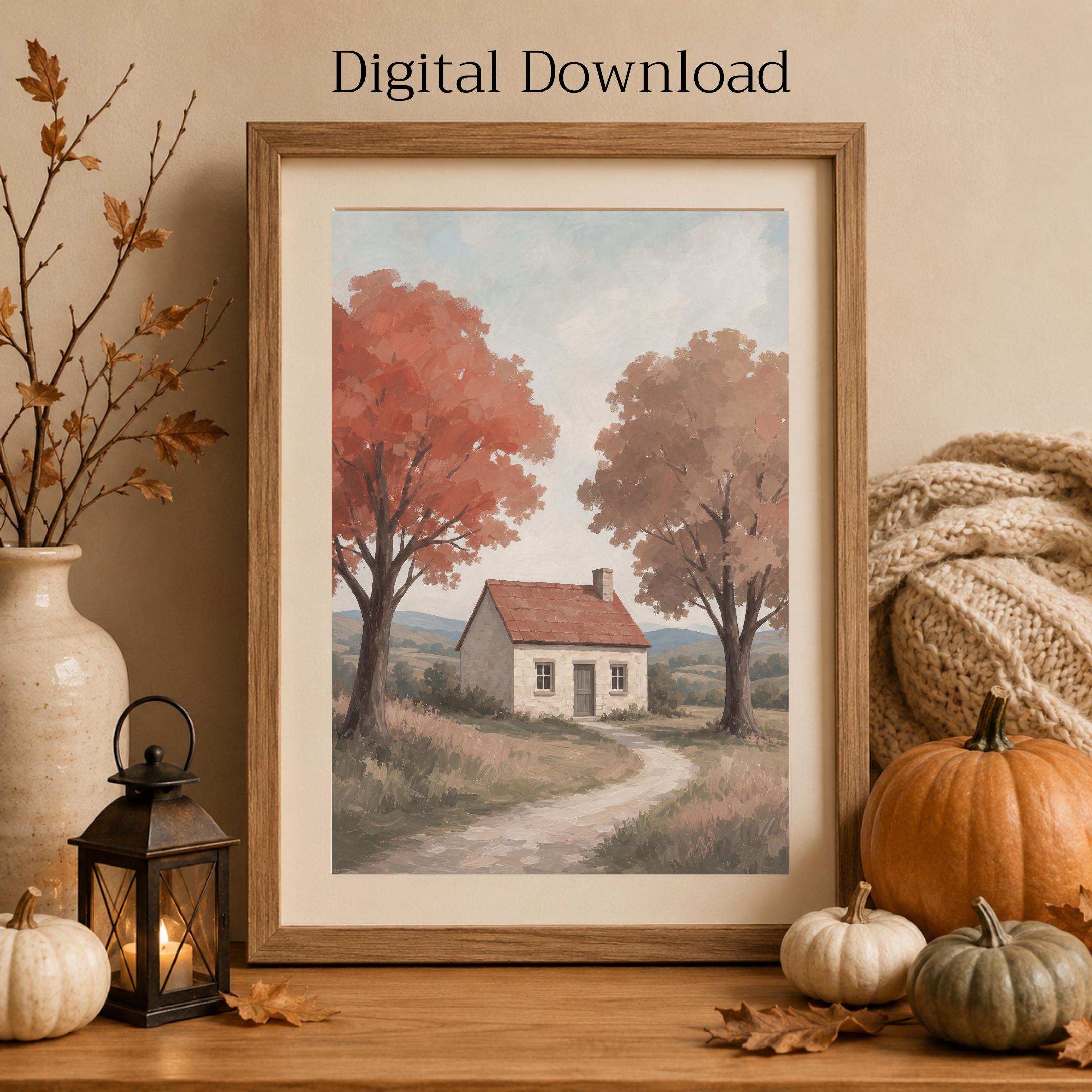Fall Cottage Wall Art | Autumn House Landscape Print | Printable Digital Download Decor