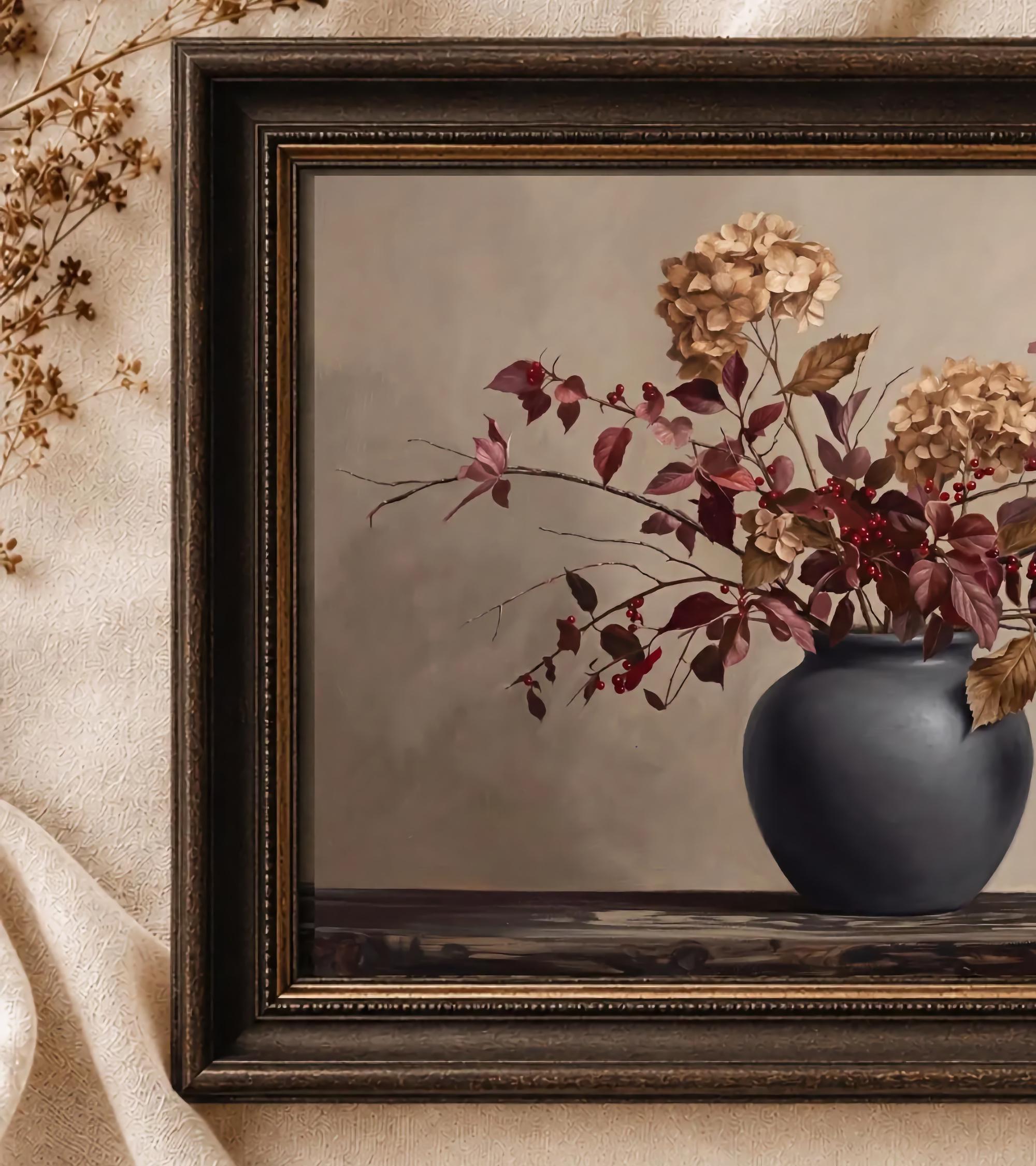 Dried Hydrangea Wall Art, Fall Moody Burgundy Botanical, Dried Flower Print (Digital Download) — image 2