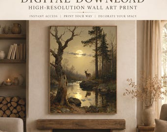 Moonlit Forest Stag Wall Art Print – Rustic Woodland Art | JPG Digital Download
