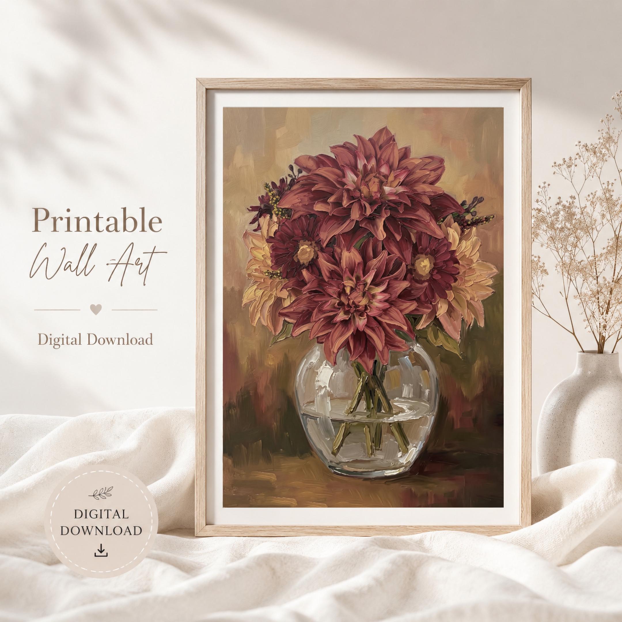 Burgundy Dahlia Vase Printable Wall Art, Moody Autumn Floral Rustic Home Decor Digital Download — image 6