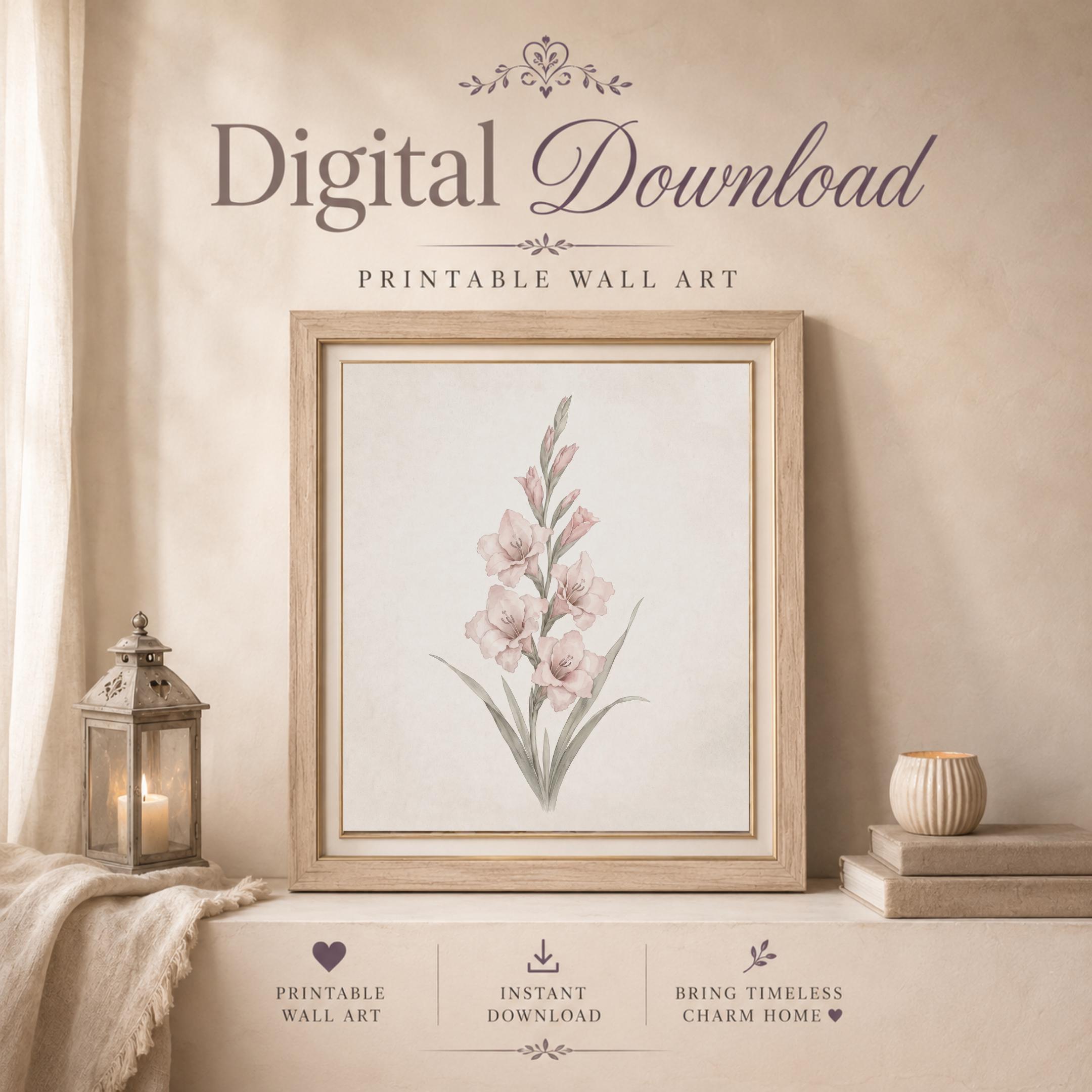 August Birth Flower Print Art, Pink Gladiolus Botanical, Floral Vintage Botanical Prints (Digital Download) — image 8