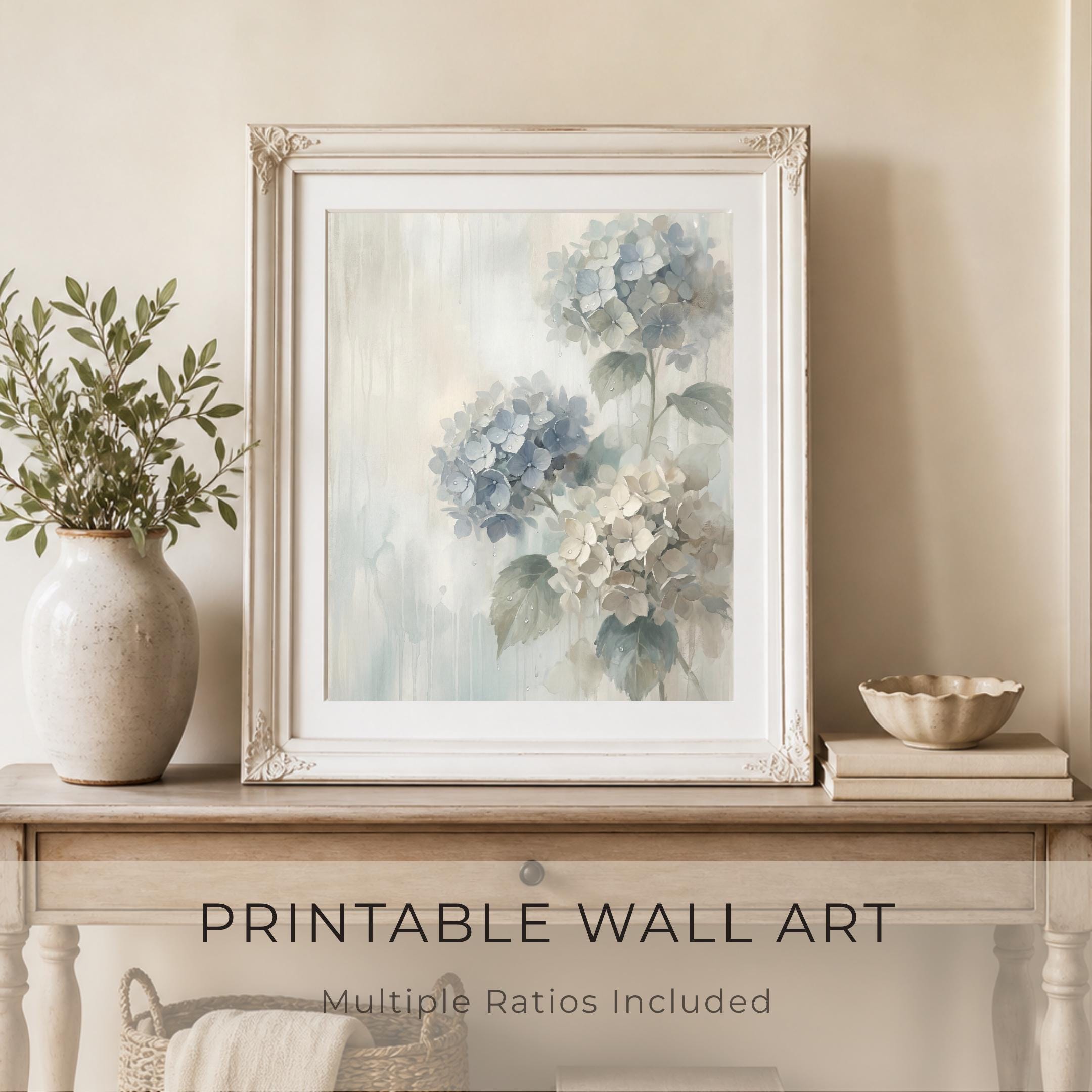 Rainy Blue Hydrangea Wall Art Printable | Neutral Floral Rainy Botanical Decor (Digital Download) — image 4