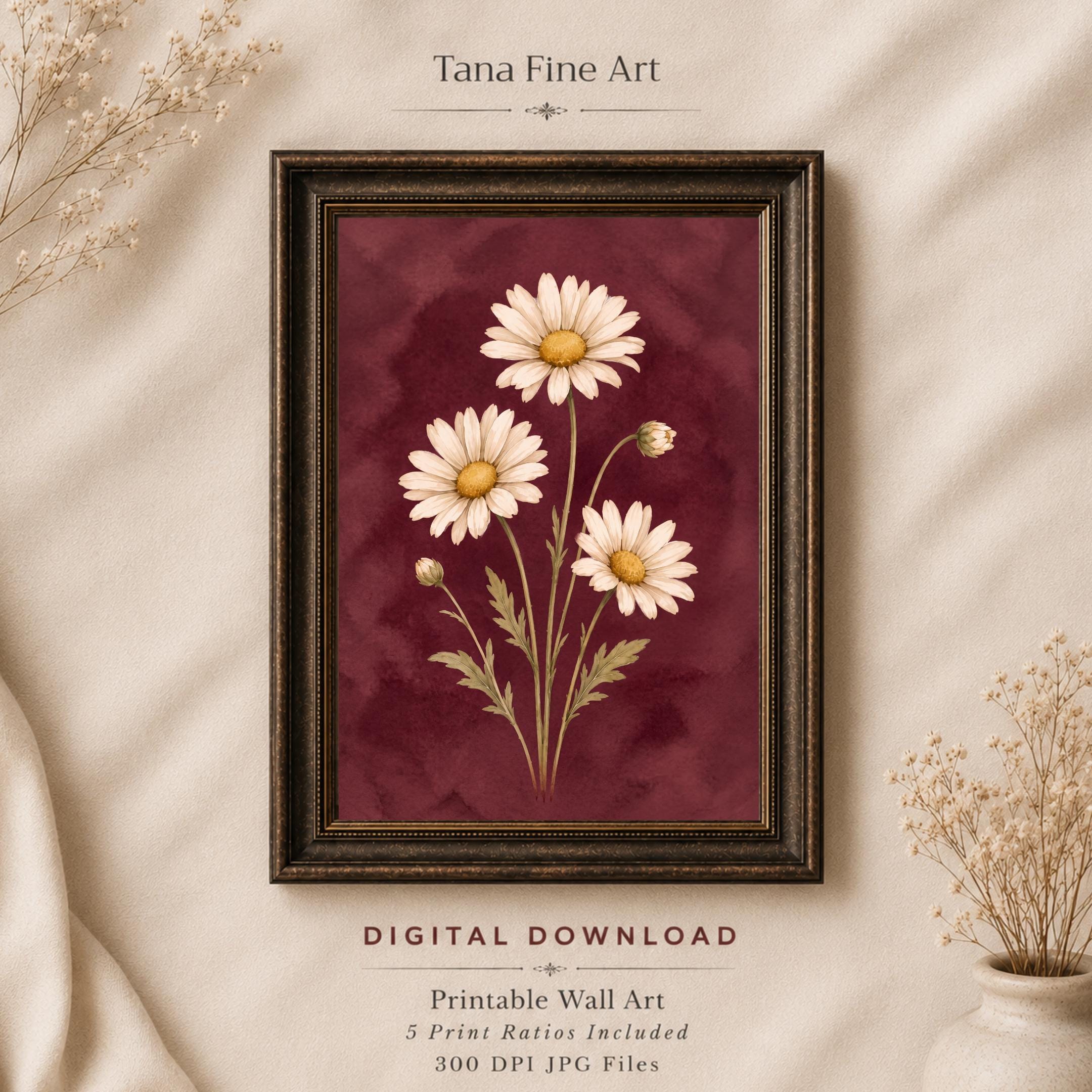 Moody April Birth Flower Print | Daisy Wall Art | Vintage Botanical Digital Download — image 8