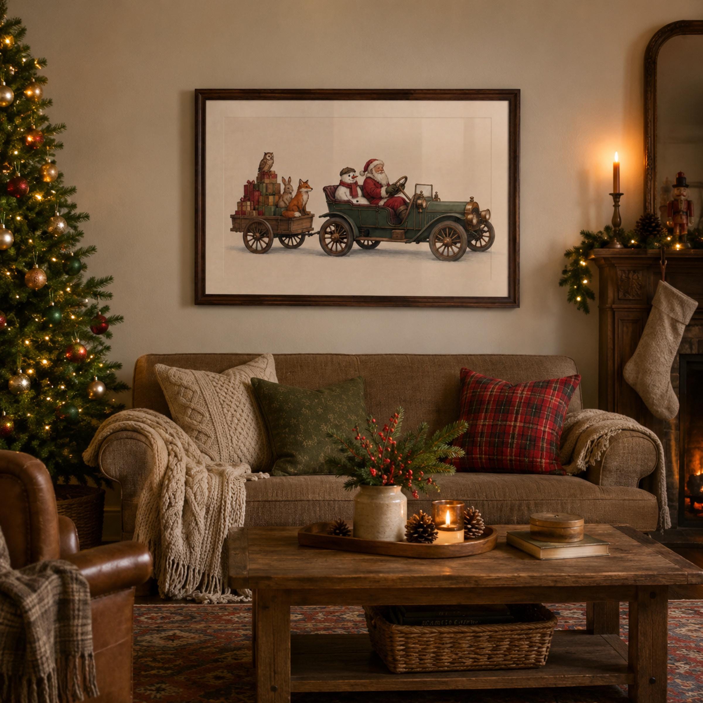 Vintage Santa Car Wall Art | Christmas Animal Print | Holiday Decor Printable Digital Download — image 4