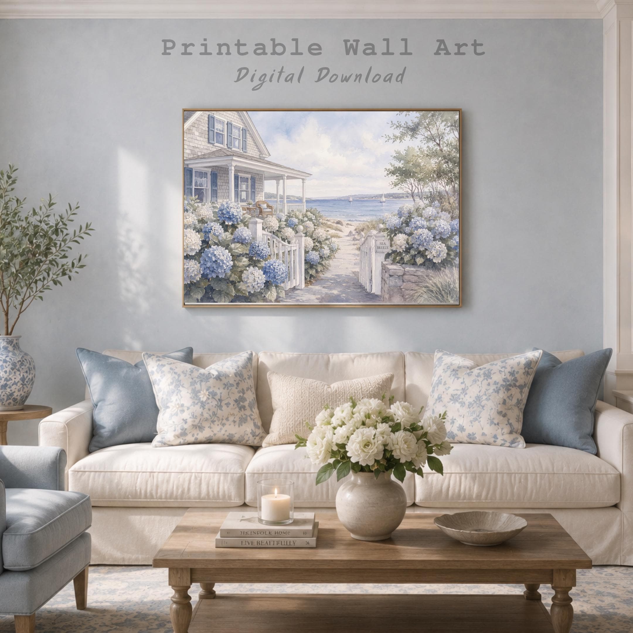 Coastal Beach House Wall Art, Hydrangea Cottage Print, Hamptons Style Seaside Decor (Digital Download) — image 4