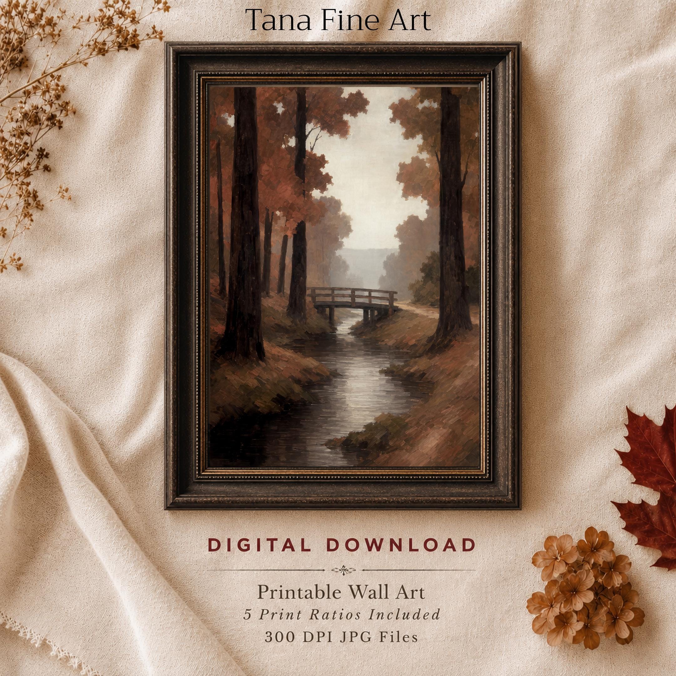 Fall Stream Wall Art | Autumn Forest Bridge Print | Moody Printable Digital Download
