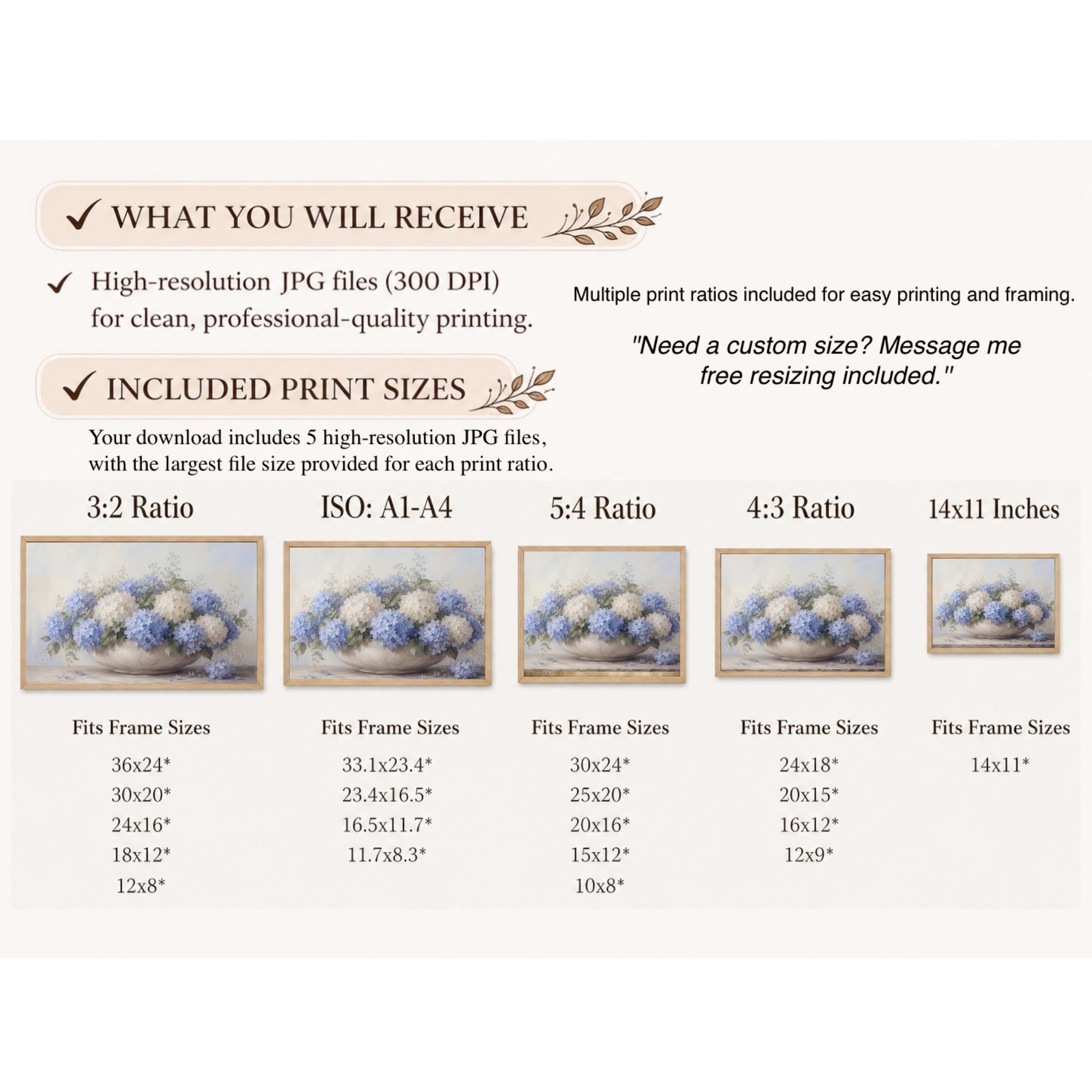 Blue Hydrangea Wall Art, Coastal Summer Neutral Floral Prints in Low Bowl (Digital Download) — image 9