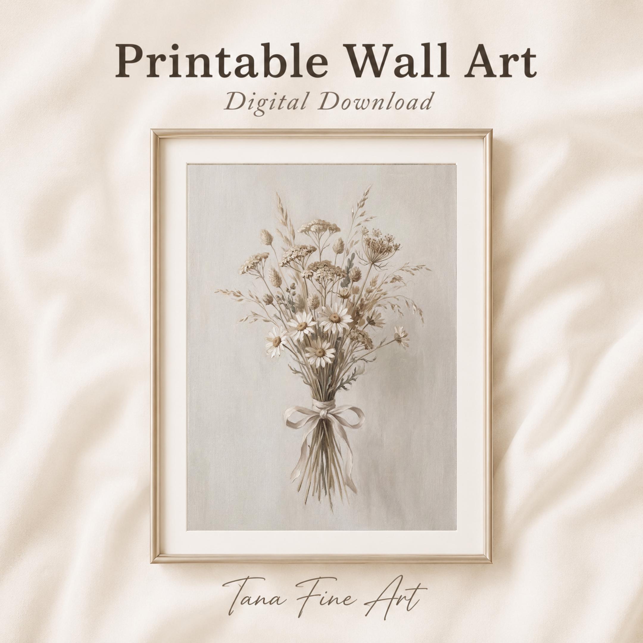 April Birth Flower Bouquet Art, Neutral Daisy Floral Print, Vintage Farmhouse Cottage (Digital Download) — image 5