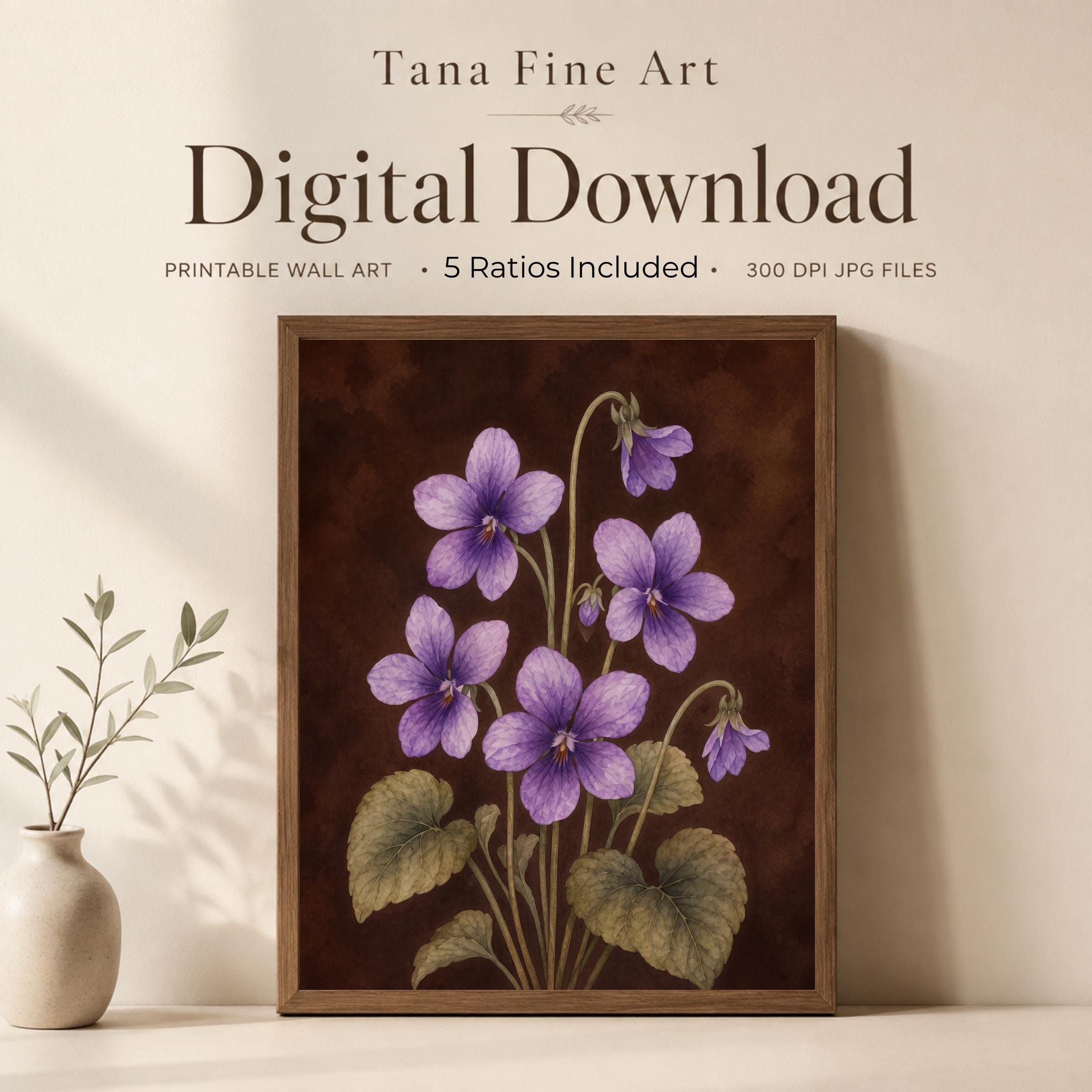 Moody February Birth Flower Print | Violet Wall Art | Vintage Botanical Digital Download