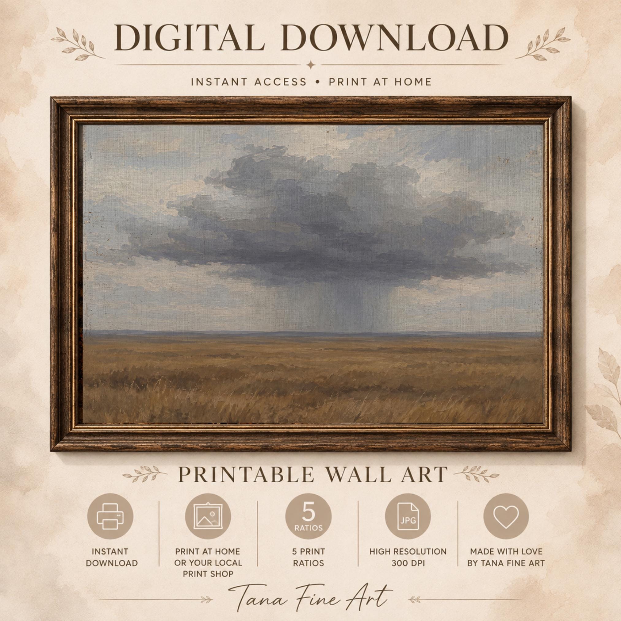 Moody Storm Cloud Landscape Art, Rustic Prairie Painting, Neutral Farmhouse Wall Decor Digital Download — image 9