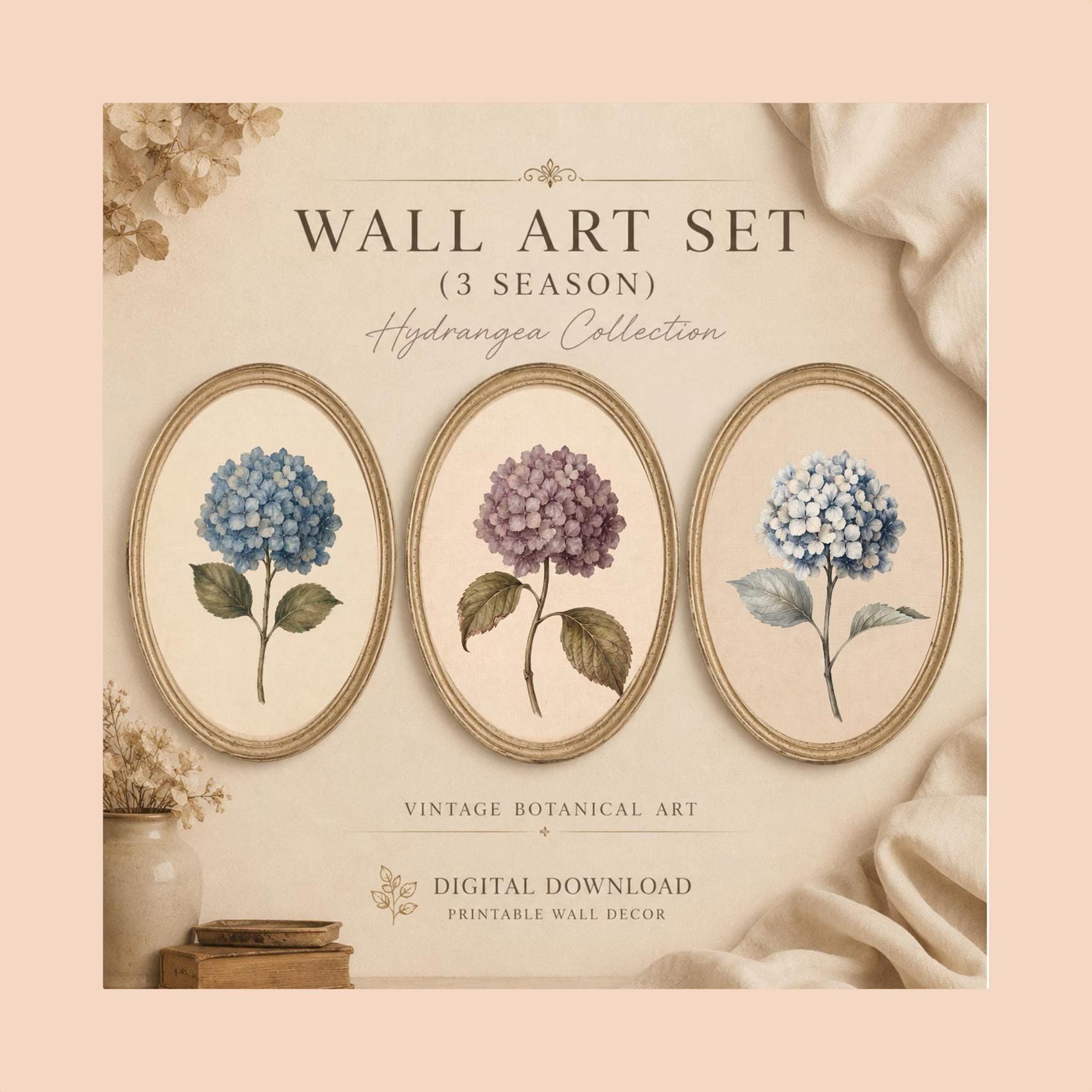 Vintage Hydrangea Botanical Printable Wall Art Set, Blue Purple Floral Cottage Decor Digital Download