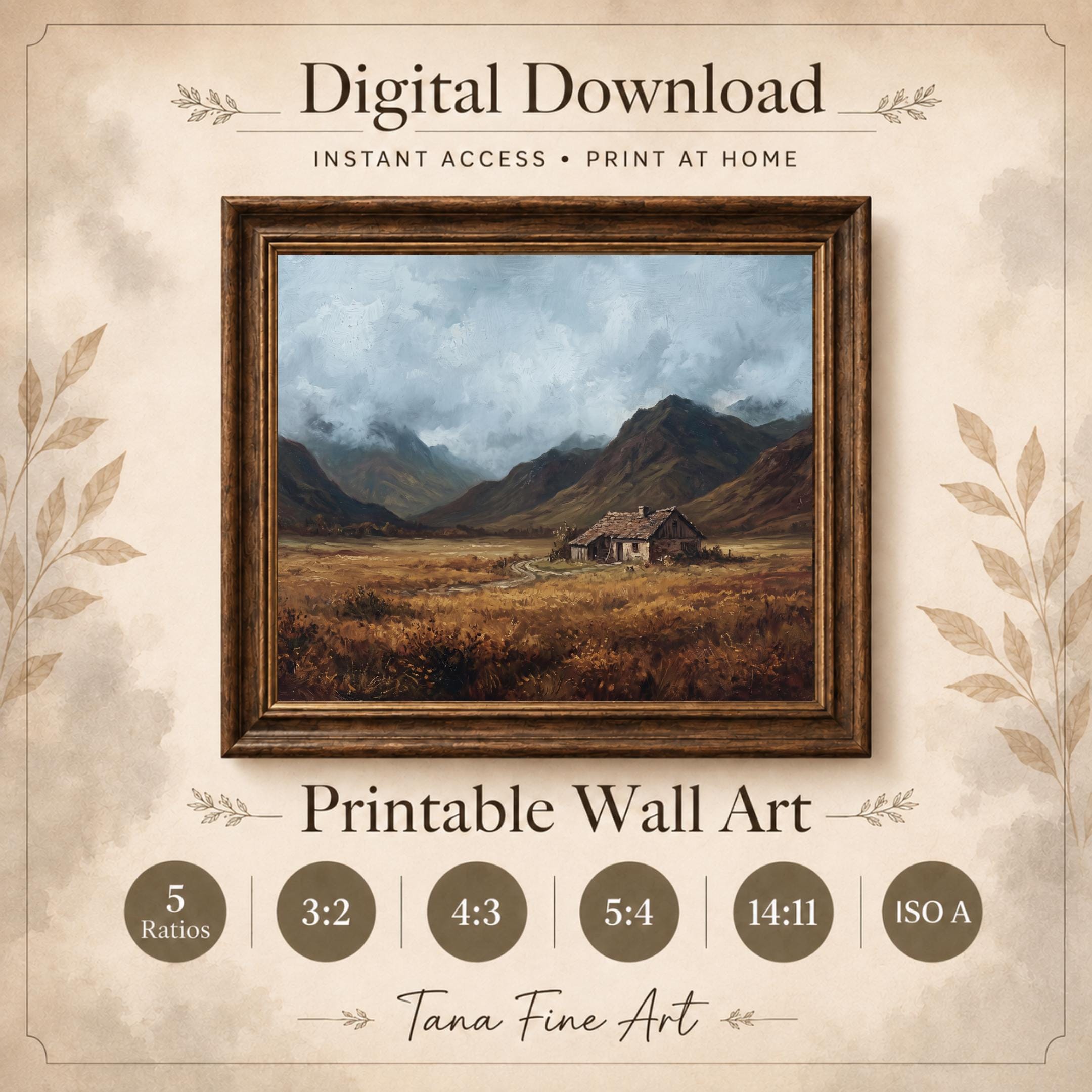 Rustic Mountain Cottage Printable Wall Art, Moody Autumn Valley Landscape, Rustic Cabin Digital Download — image 7