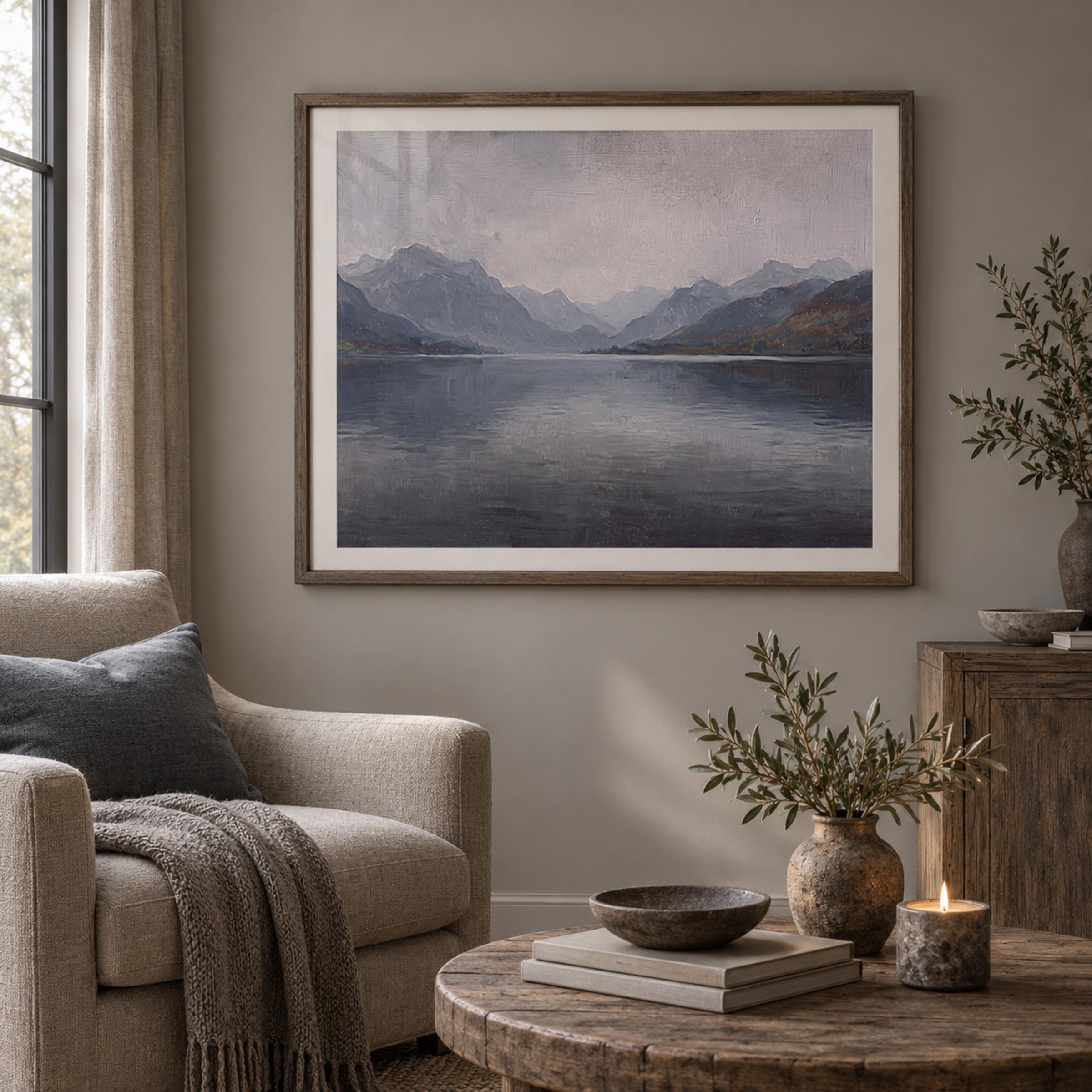 Misty Mountain Lake Wall Art, Vintage Alpine Landscape, Moody Blue Gray Decor, Digital Download — image 7