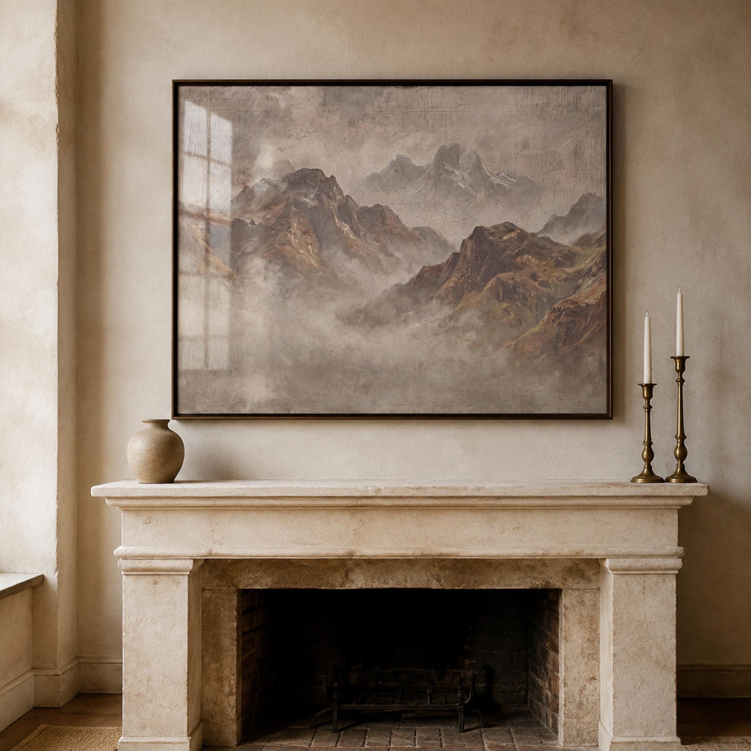 Vintage Misty Mountain Wall Art, Neutral Alpine Landscape, Earthy Rustic Cabin Decor, Digital Download — image 3