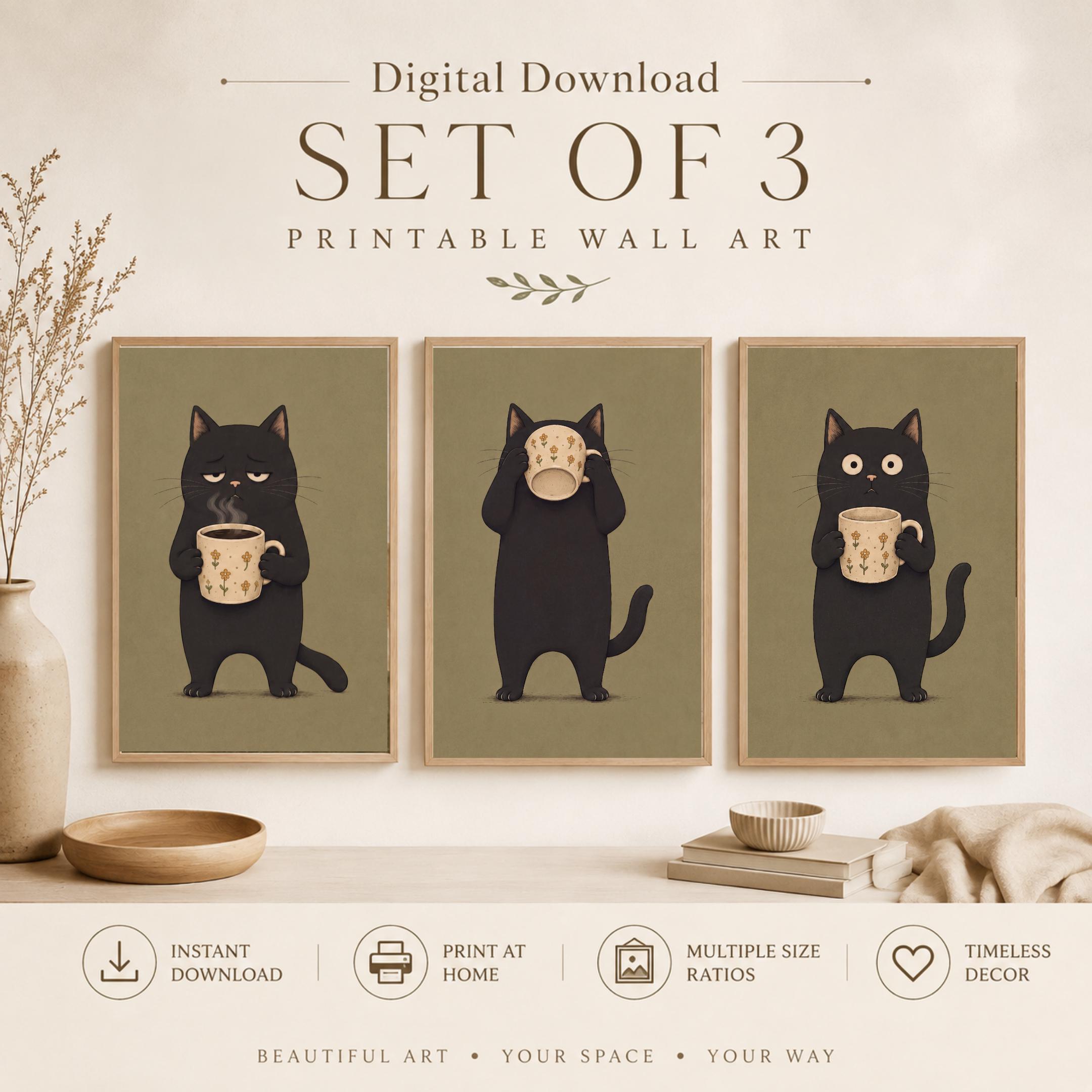Black Cats & Coffee Cups — Set of 3