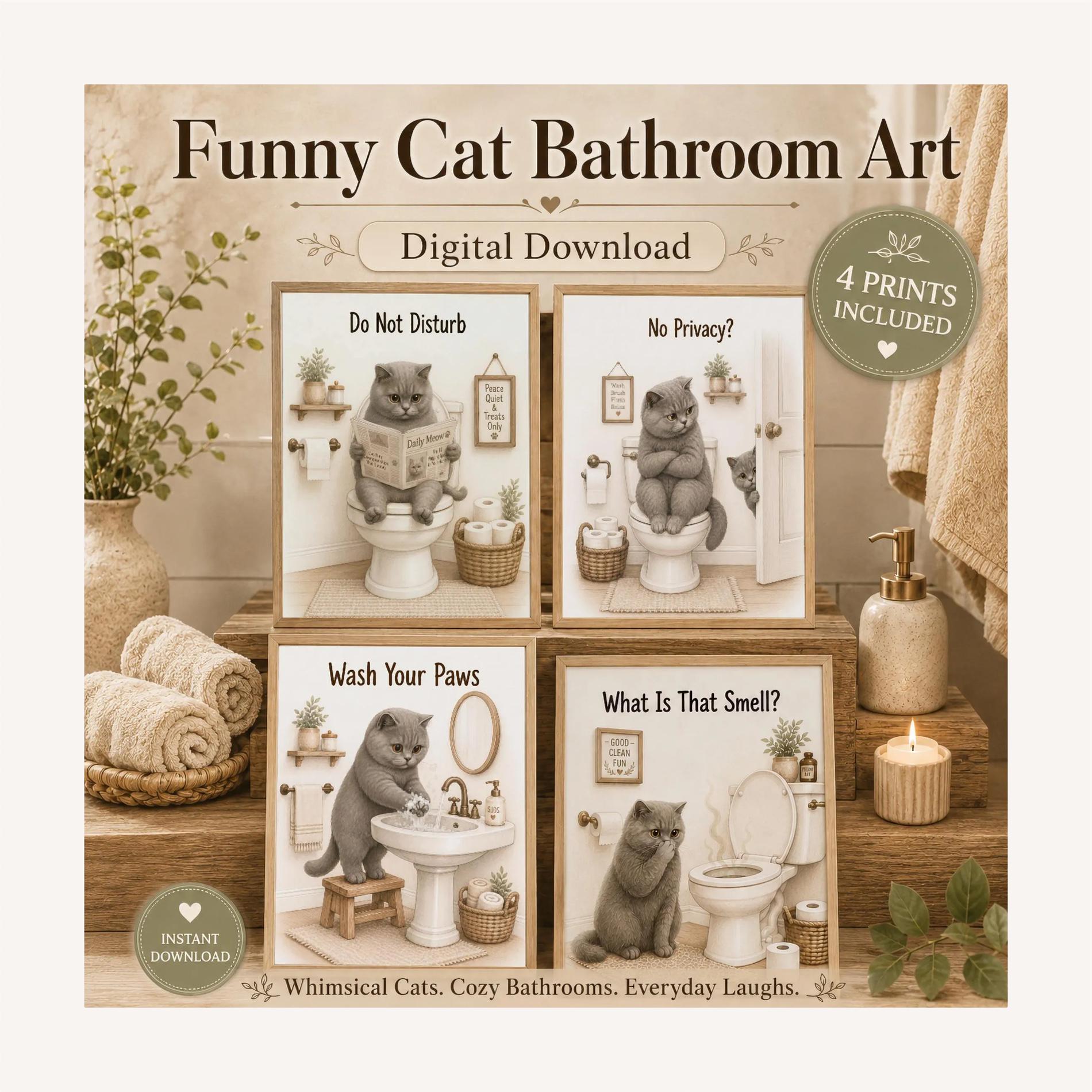 Gray Cat Bathroom Mischief — Set of 4