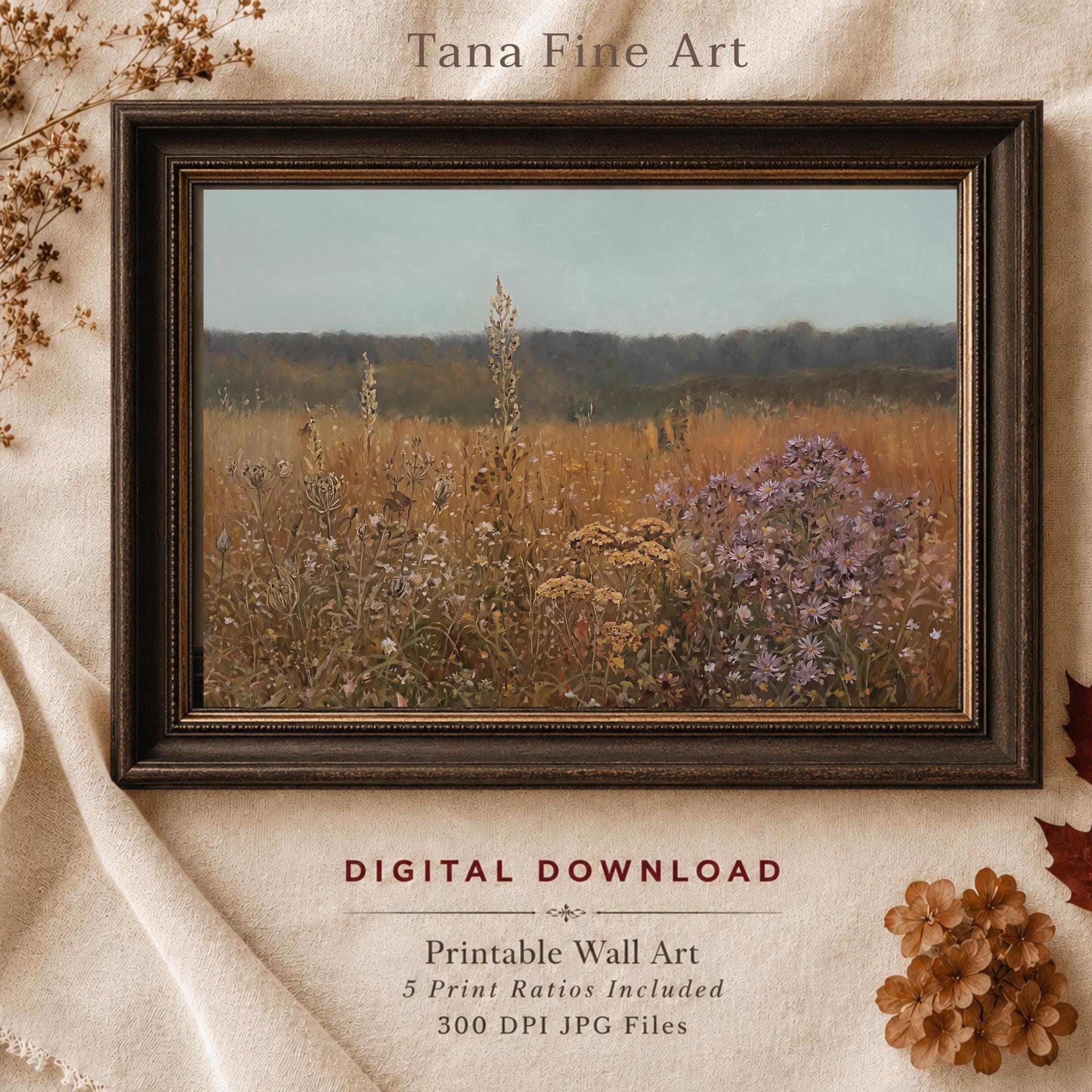 Fall Landscape Print, Autumn Meadow Wall Art, Vintage Wildflower Field Print (Digital Download)