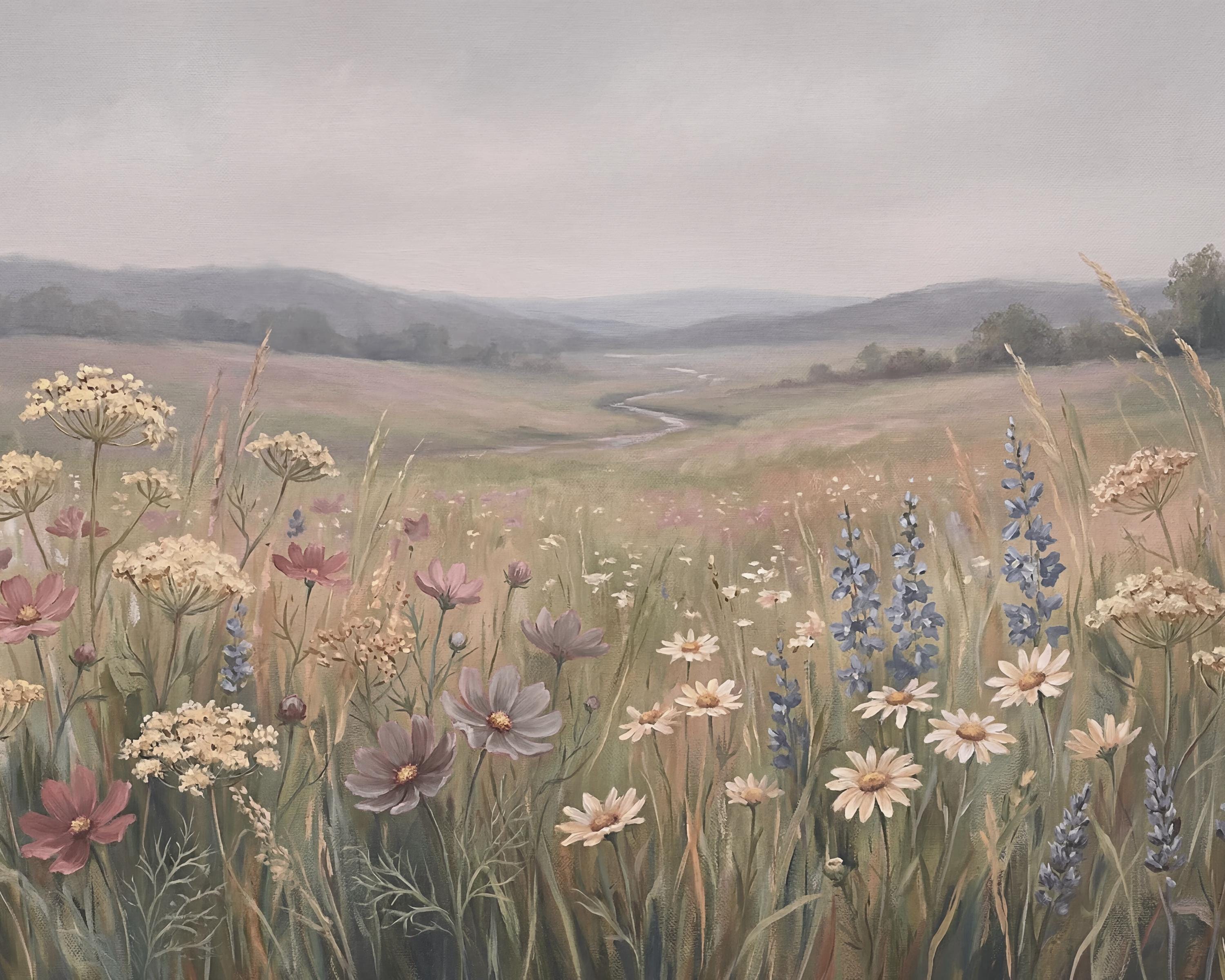 Neutral Floral Landscape Print, Vintage Wildflower Meadow Wall Art, Cottage Nature Decor (Digital Download) — image 2