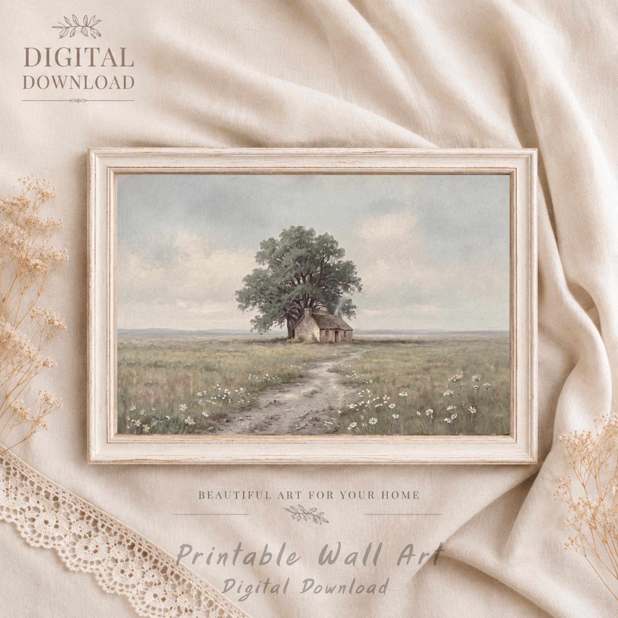 Vintage Cottage Landscape Print, Meadow Daisy Countryside Wall Art (Digital Download) — image 3