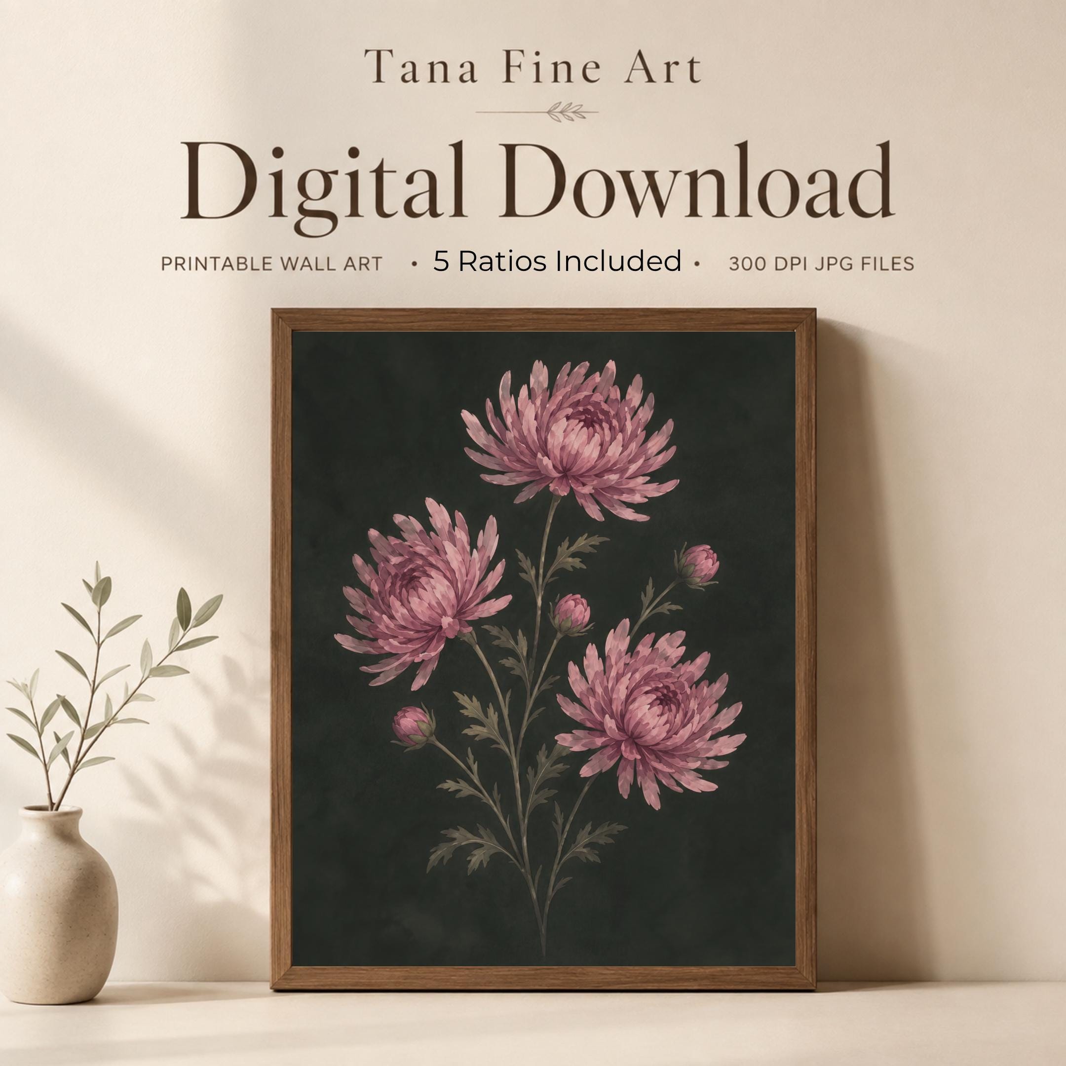 Moody November Birth Flower Print | Chrysanthemum Wall Art | Dark Botanical Digital Download