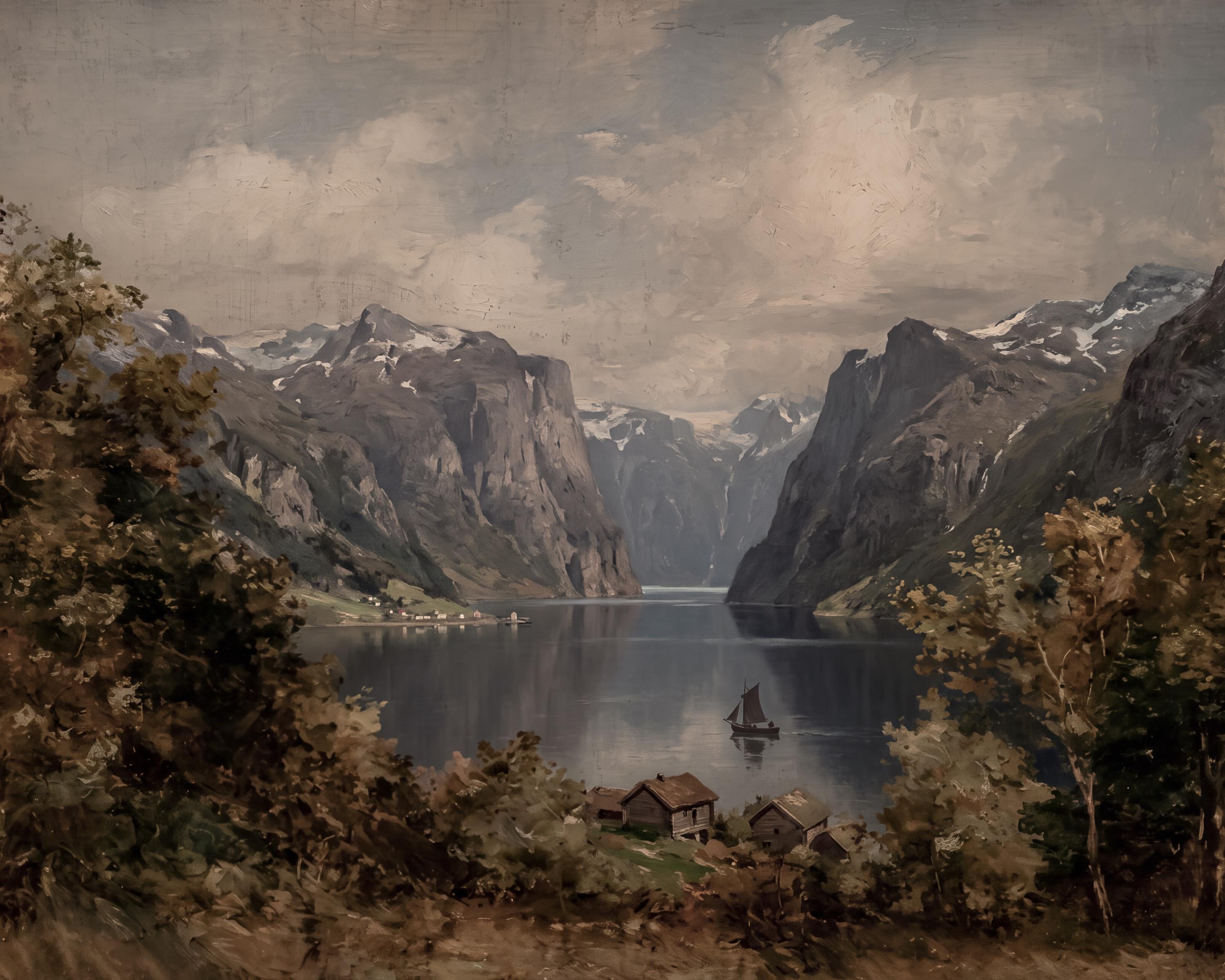 Scandinavian Mountain Lake Print | Norwegian Fjord Wall Art | Moody Vintage Landscape Digital Download — image 2